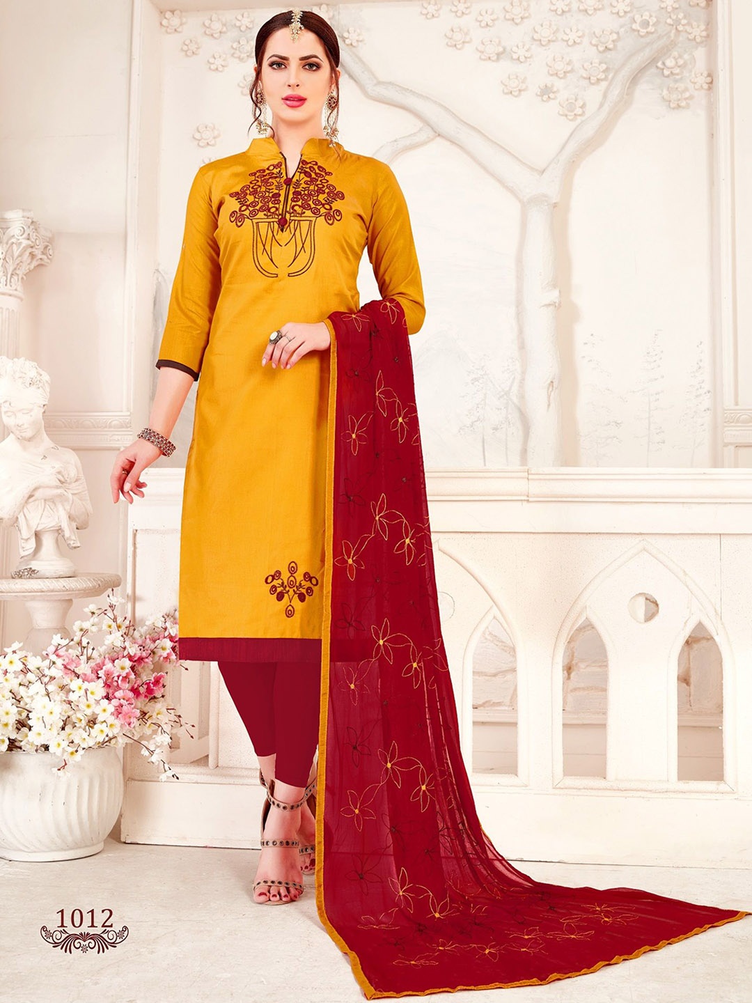 

LADY SHOPI Floral Embroidered Silk Chiffon Unstitched Dress Material, Yellow
