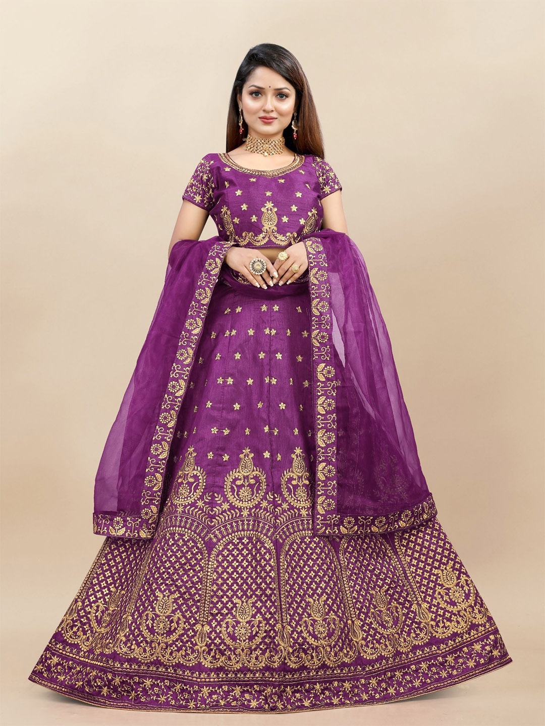 

LADY SHOPI Embroidered Thread Work Semi-Stitched Lehenga & Unstitched Blouse With Dupatta, Purple