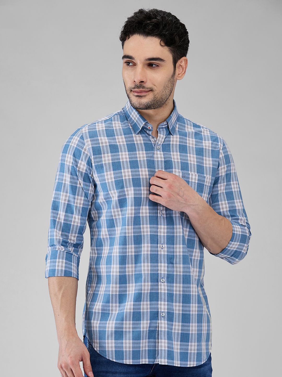 

Raymond Men Contemporary Spread Collar Tartan Checked Cotton Casual Shirt, Blue