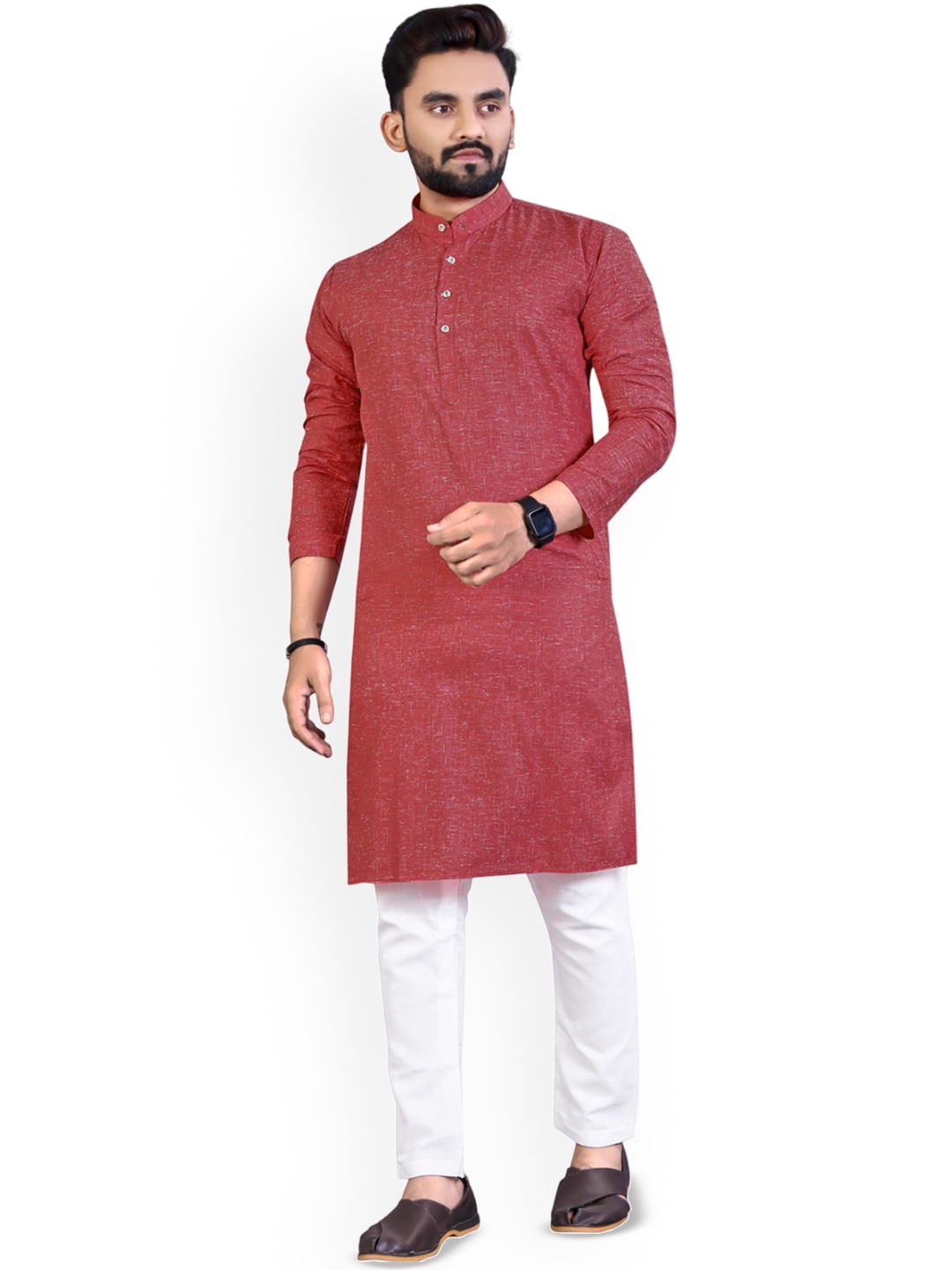 

CHARLOTTE GRACIOUS Mandarin Collar Cotton Silk Straight Kurta, Rust