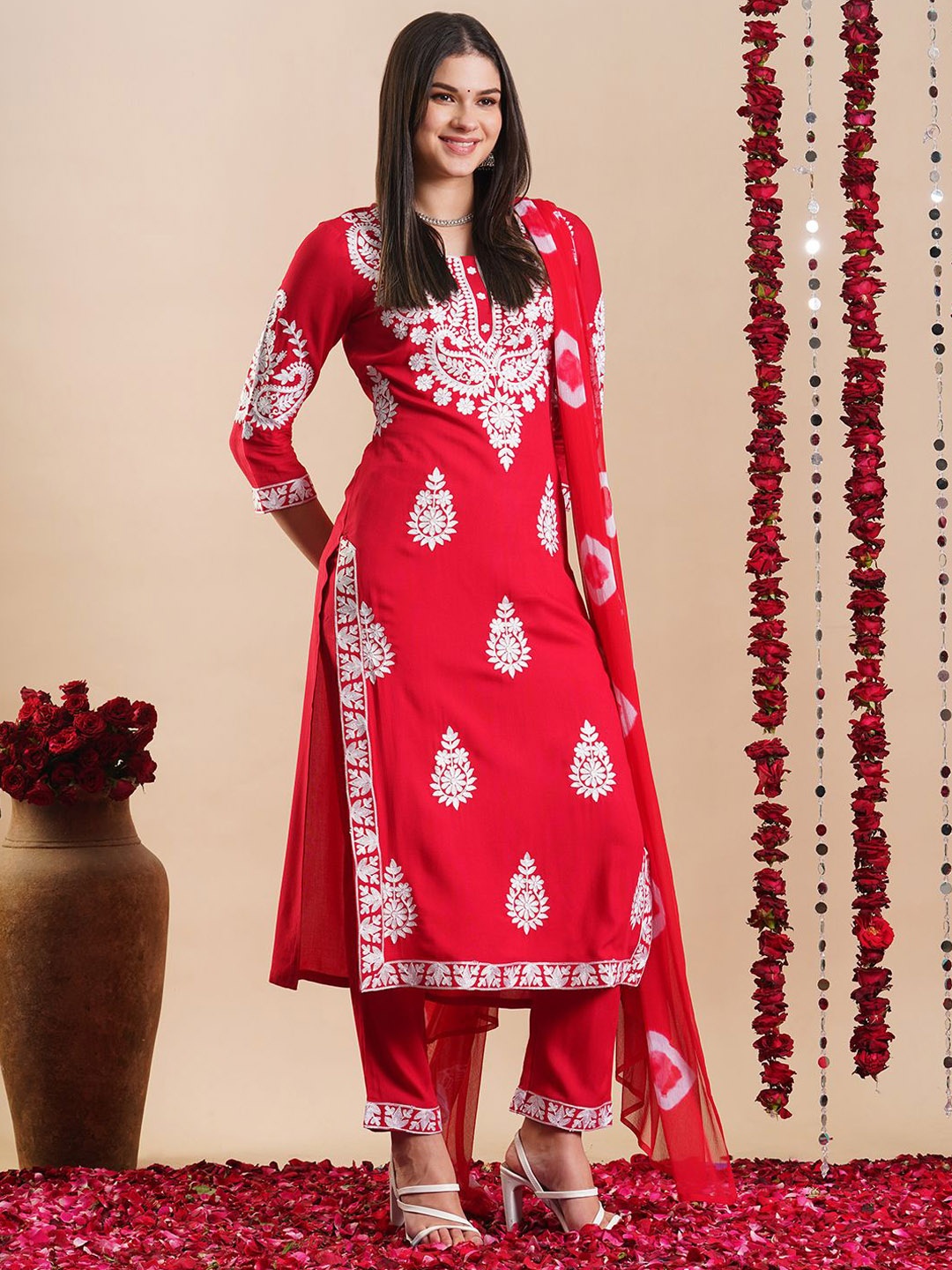 

KALINI Ethnic Motifs Embroidered Straight Kurta With Trousers & Dupatta, Pink