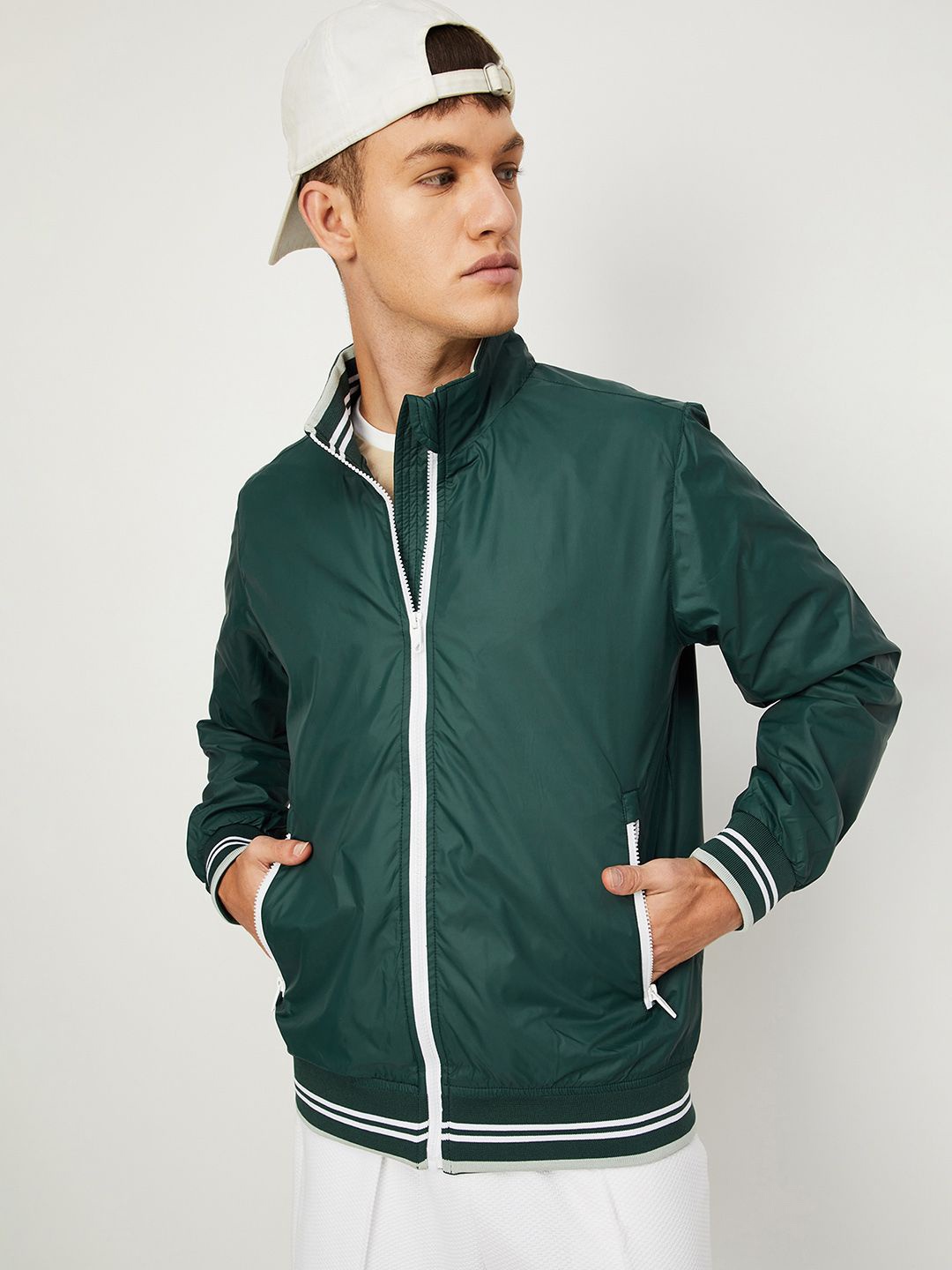 

max Men Stand Collar Bomber Jacket, Green