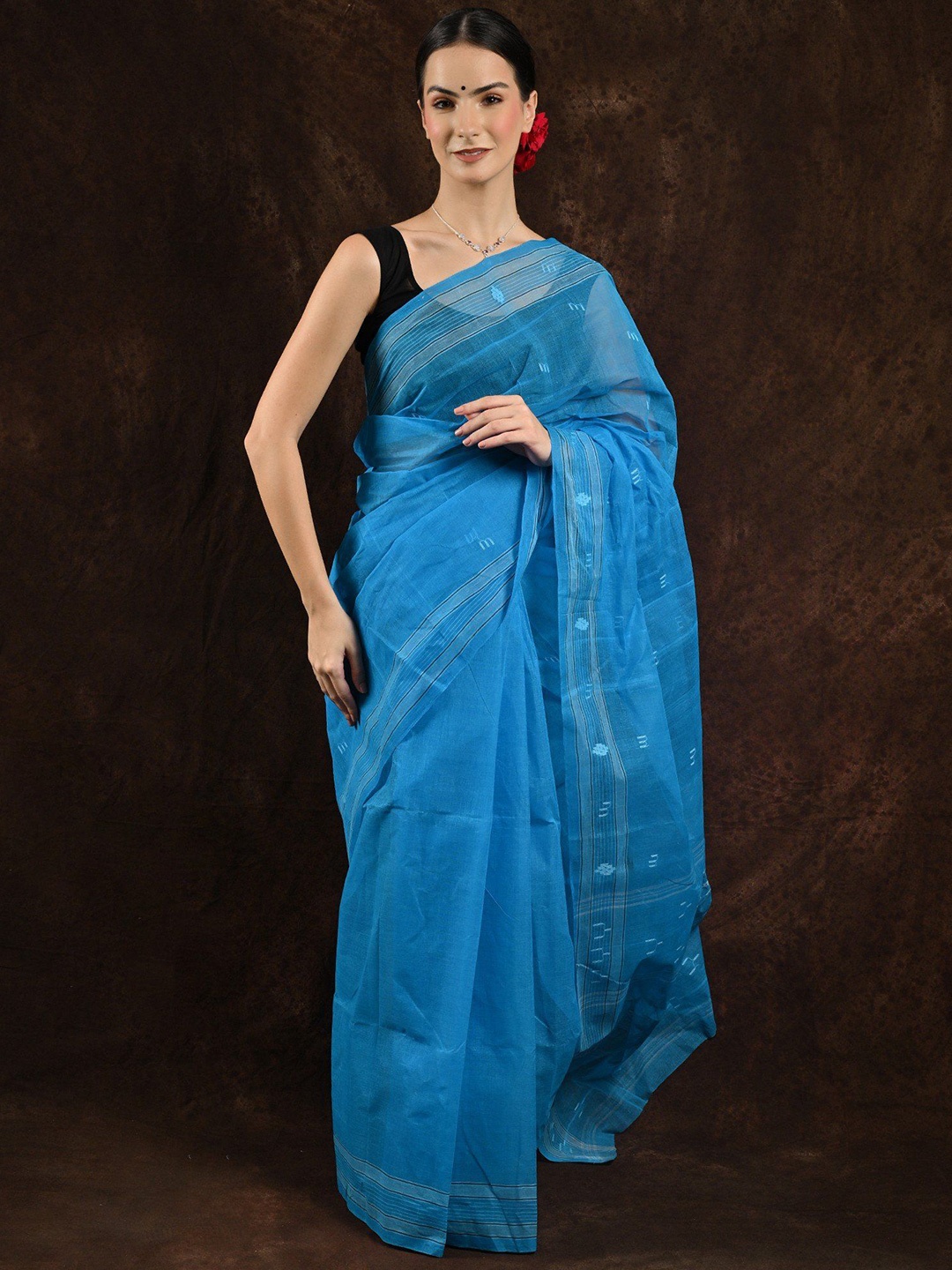 

Exotic India Striped Pure Cotton Jamdani Saree, Blue