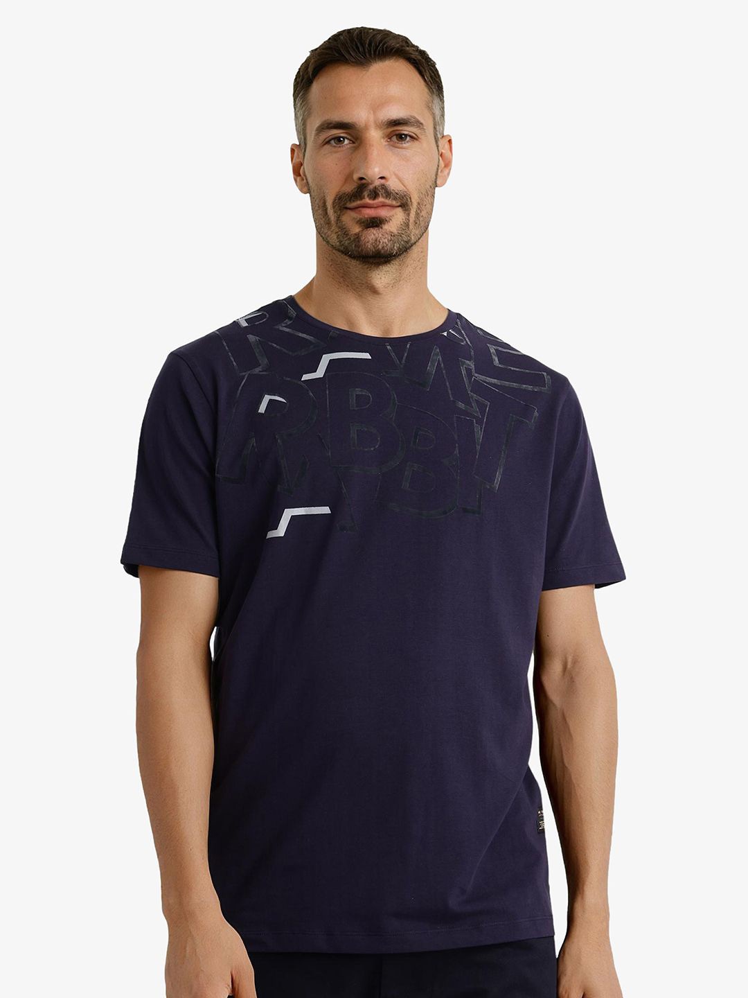

RARE RABBIT Men Graphic Printed Round Neck Cotton T-shirt, Navy blue