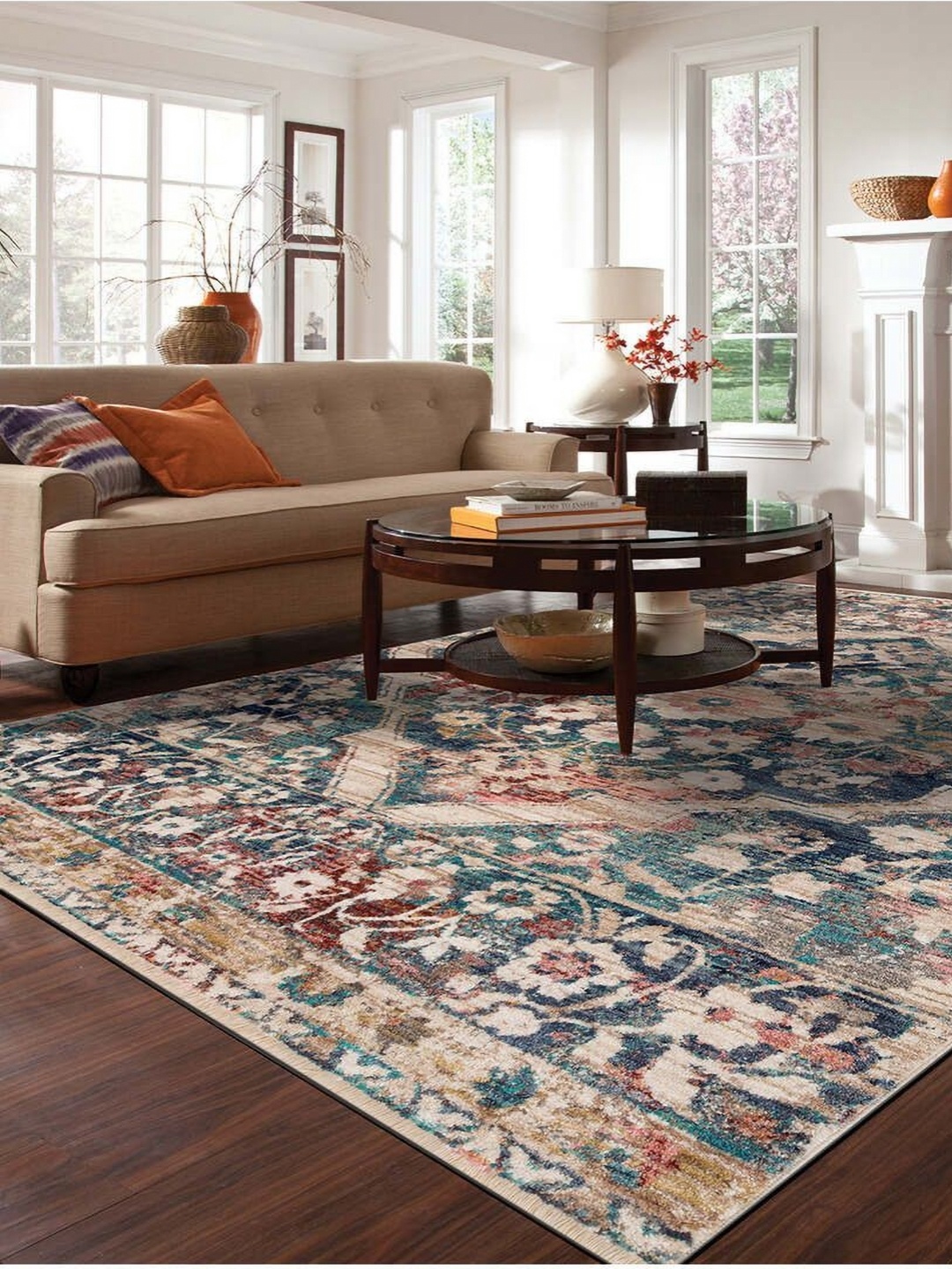 

DDecor Beige & Blue Floral Anti-Skid Carpet