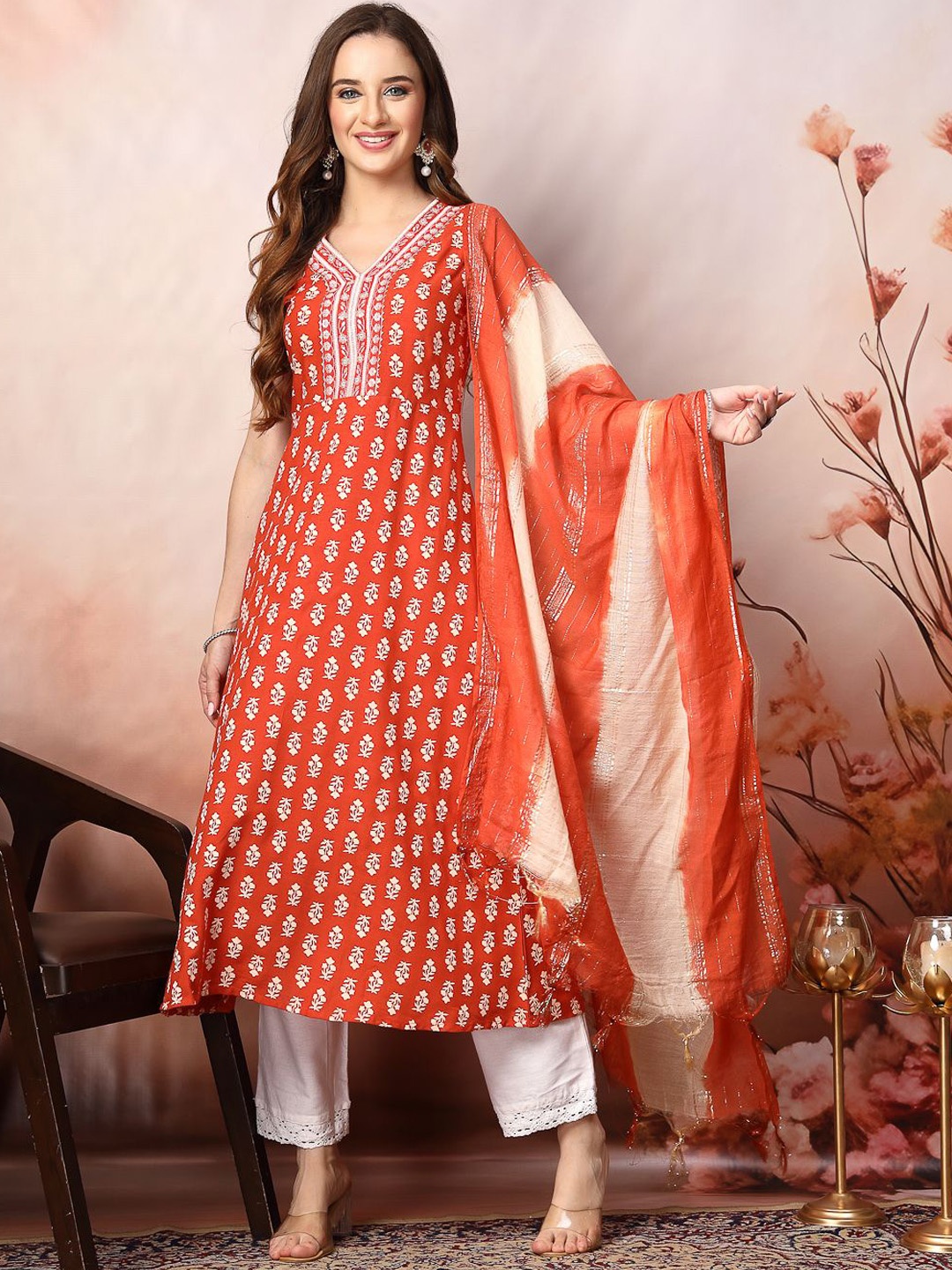 

Stylum Rust Orange & Off White Floral Printed A Line Kurta With Dupatta