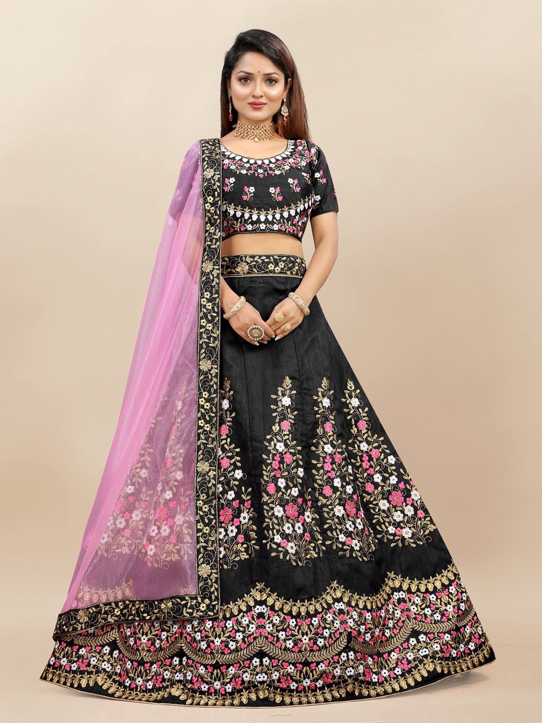 

LADY SHOPI Embroidered Beads and Stone Semi-Stitched Lehenga & Unstitched Blouse & Dupatta, Black