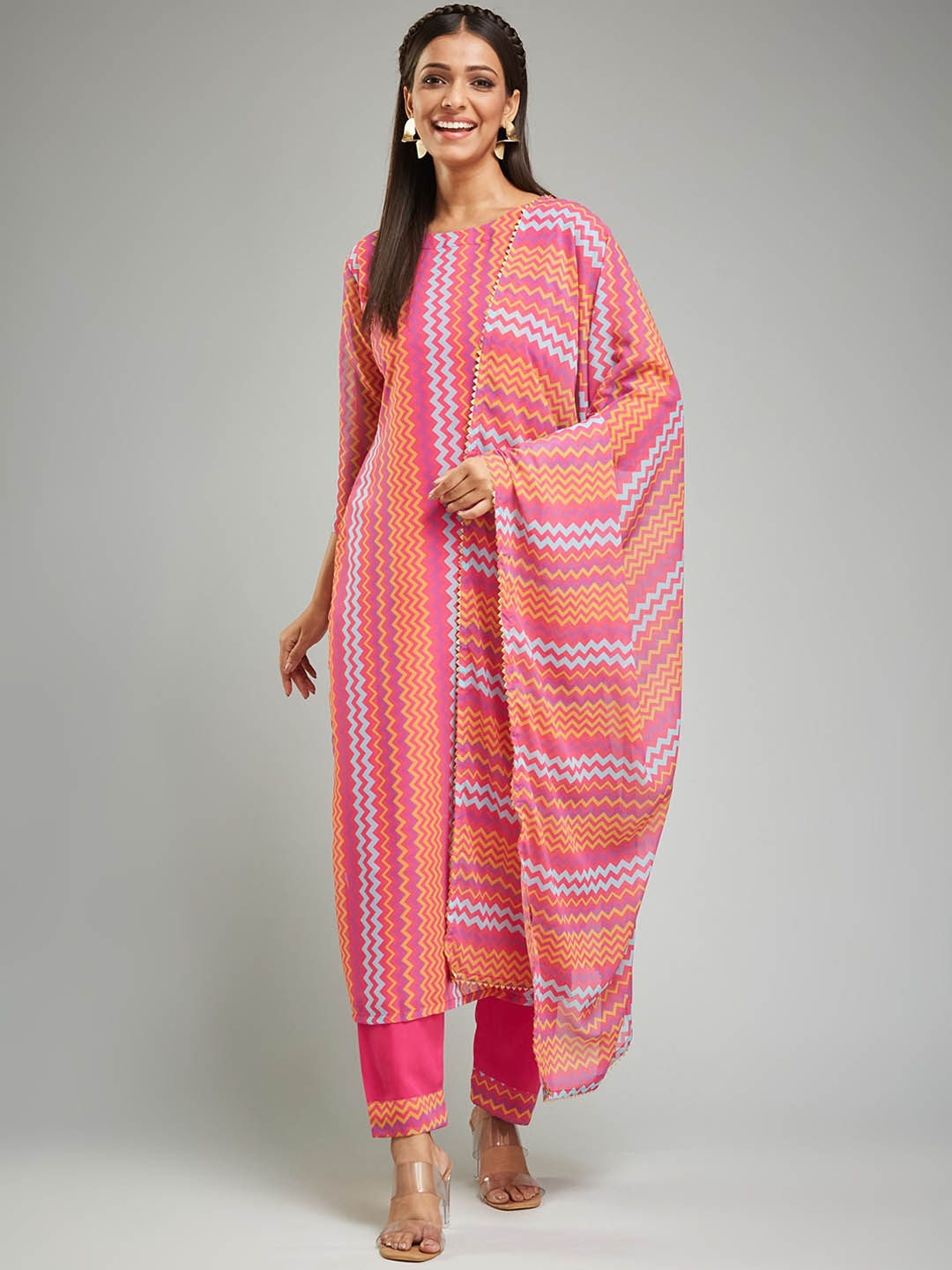 

KALINI Chevron Printed Georgette Straight Kurta with Trousers & Dupatta, Peach
