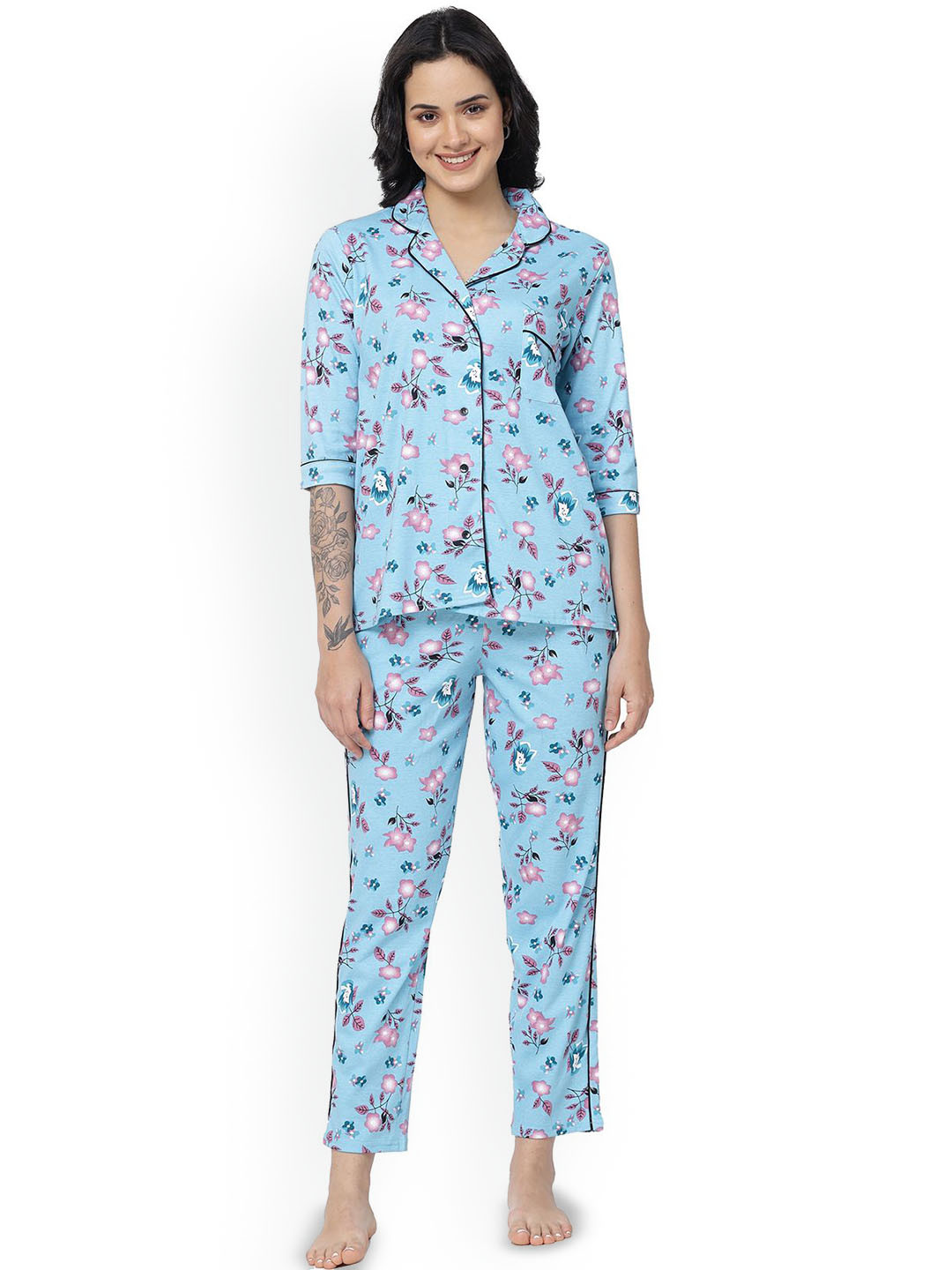 

SHYAM SONS FLAIR Women Floral Printed Shirt Collar Night suit, Blue