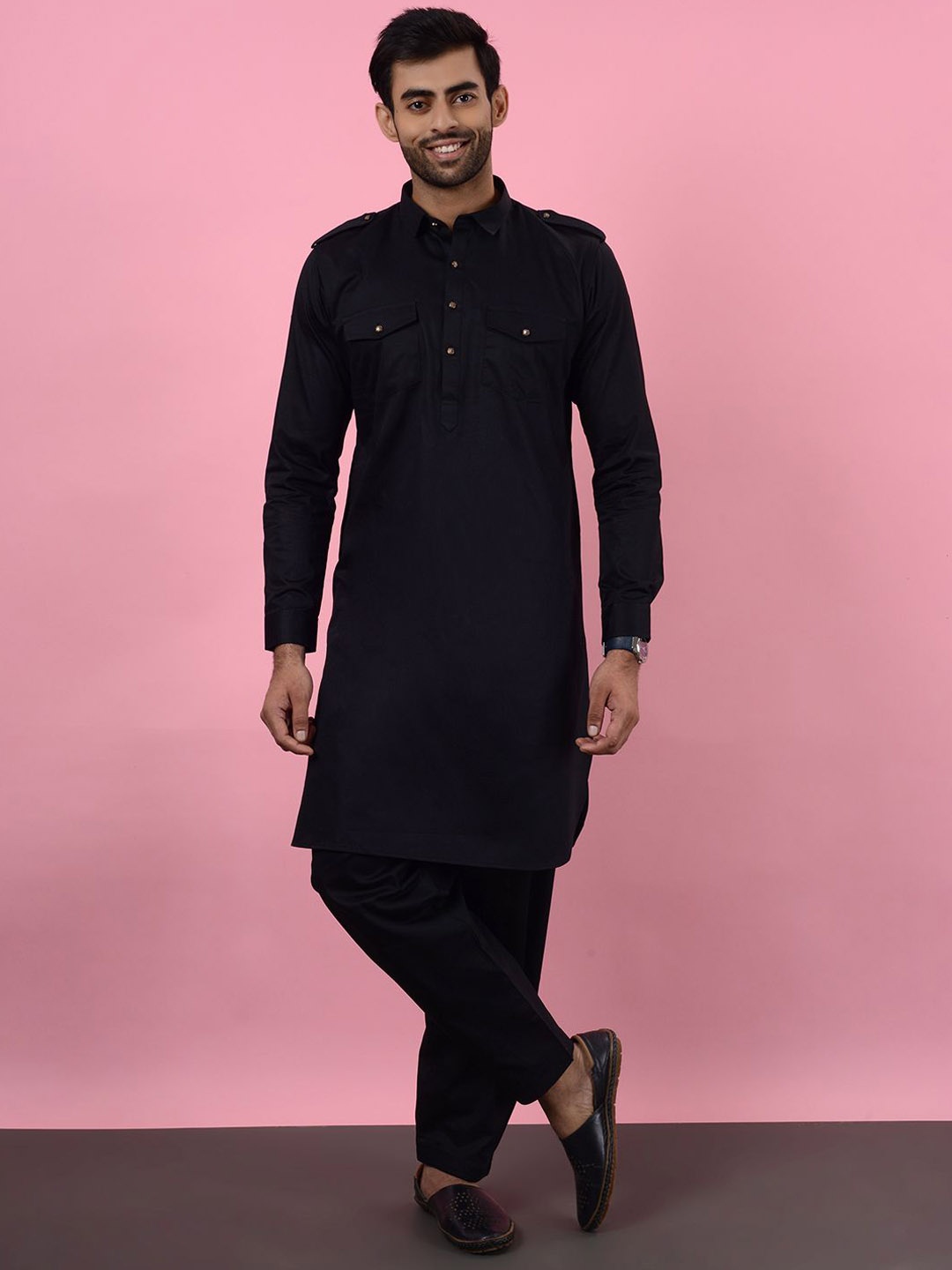 

azania Shirt Collar Regular Straight Kurta, Black