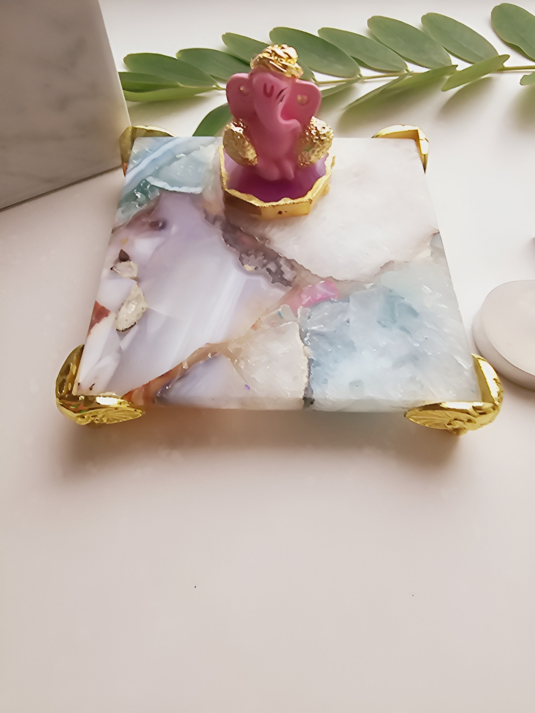 

HOMEARTE Pink & White Ganesha Idol With Agate Chowki
