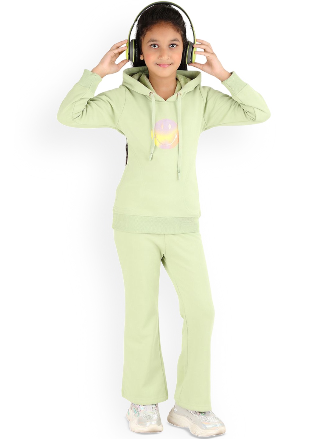 

SMSHOPMORE Regular Fit Co-ord Set, Printed Full Sleeves Hoodie & Bell Bottom Trouser, Green