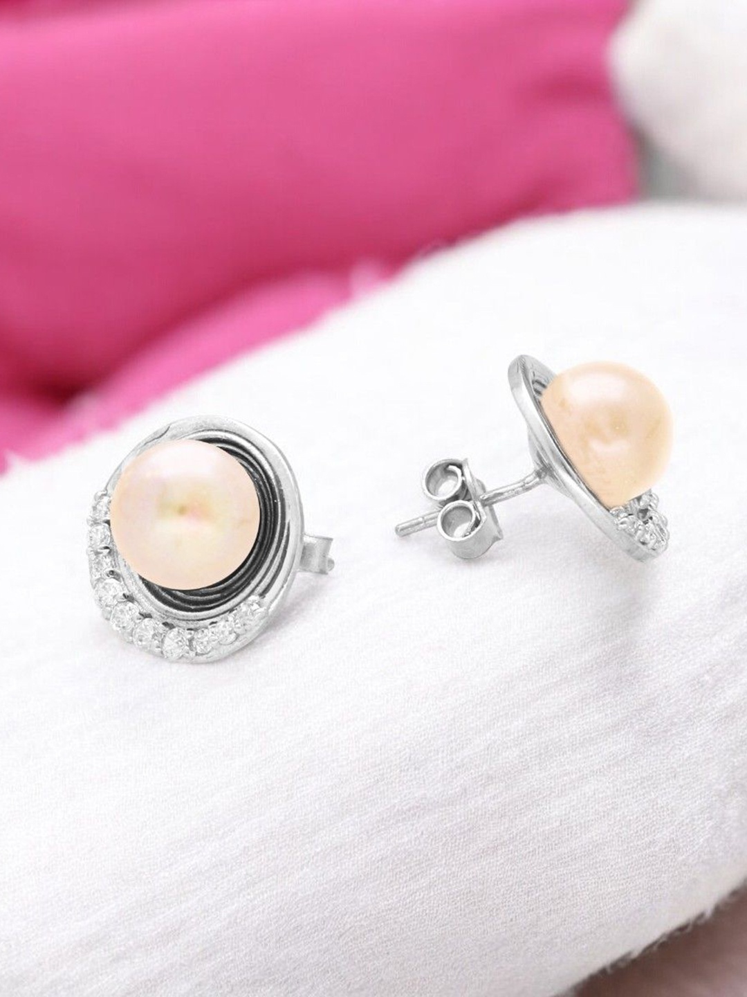 

Sri Jagdamba Pearls Dealer Silver Plated 925 Sterling Silver Circular Studs Earrings, Peach