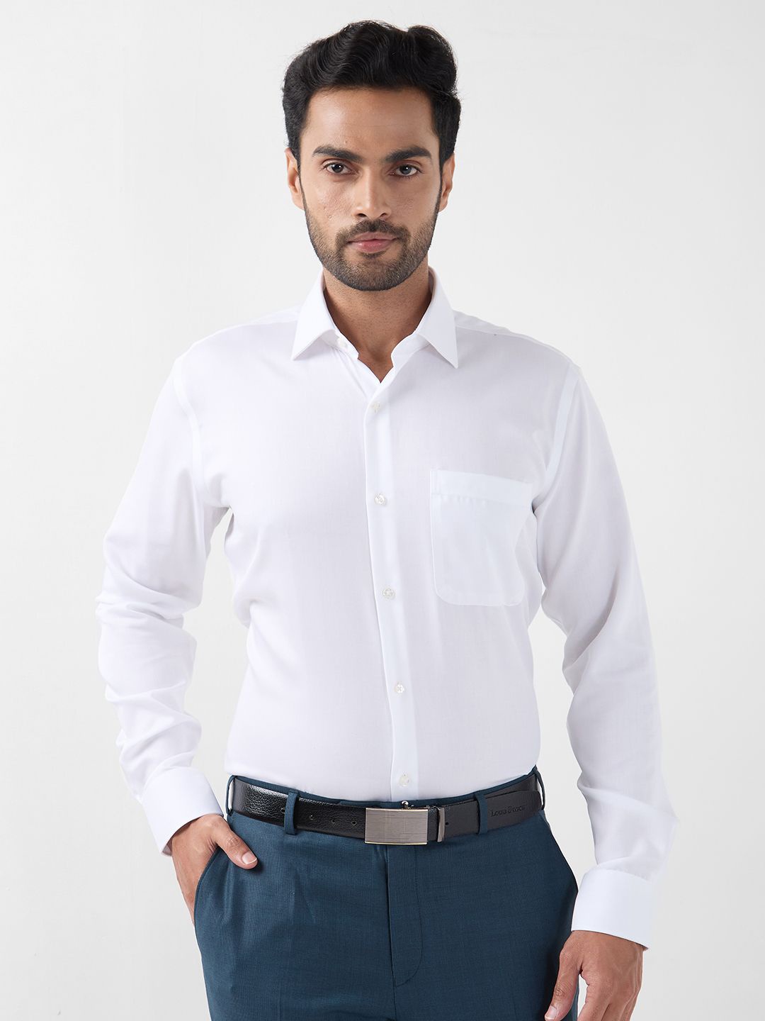 

Raymond Men Contemporary Spread Collar Solid Cotton Formal Shirt, White