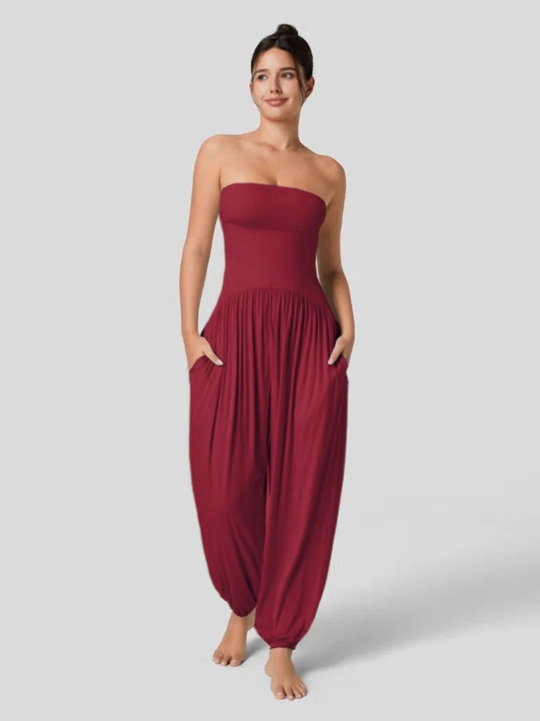 

KPOP Strapless Basic Jumpsuit, Burgundy