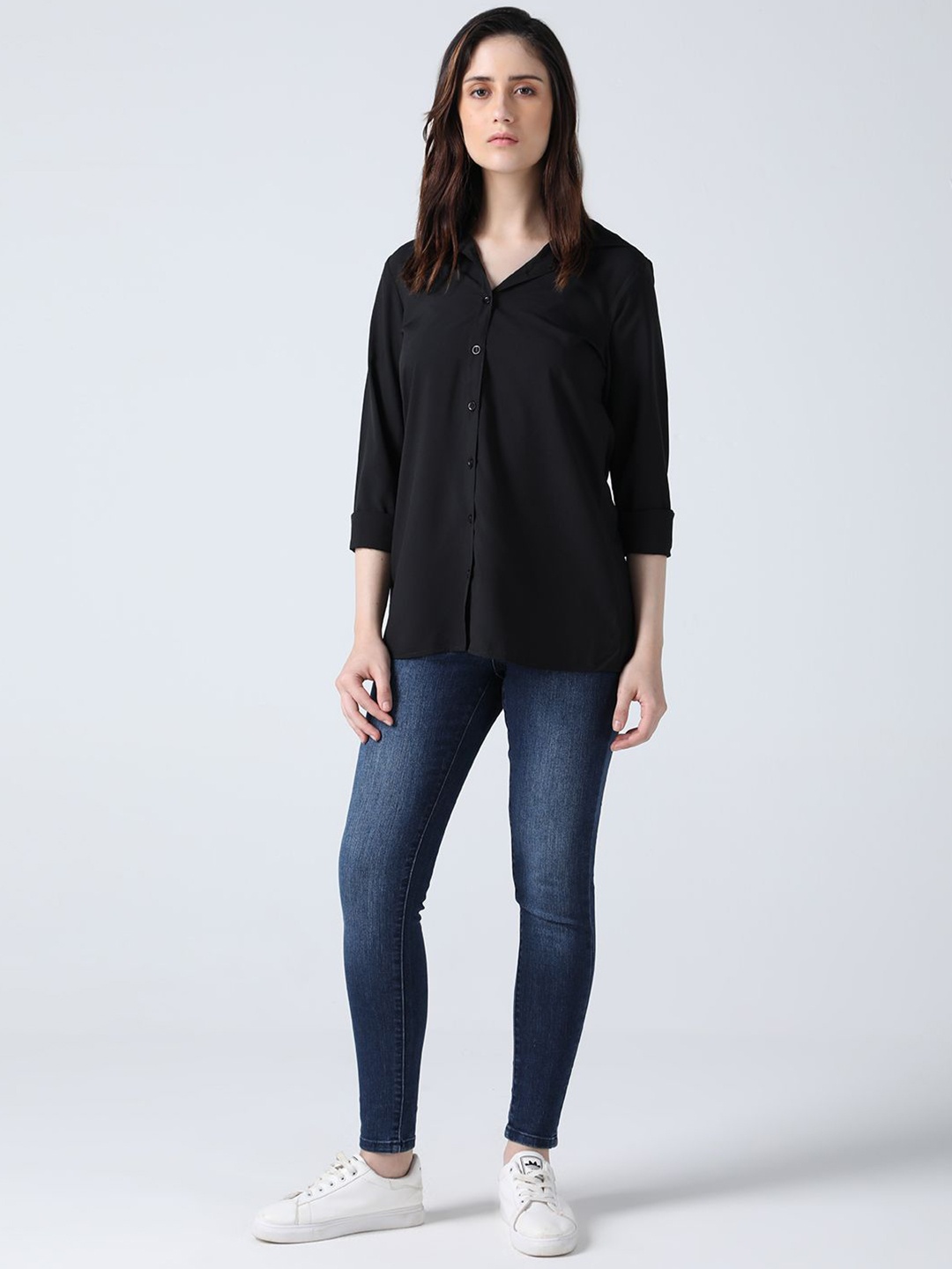 

IDK Women Solid Shirt Collar Top, Black