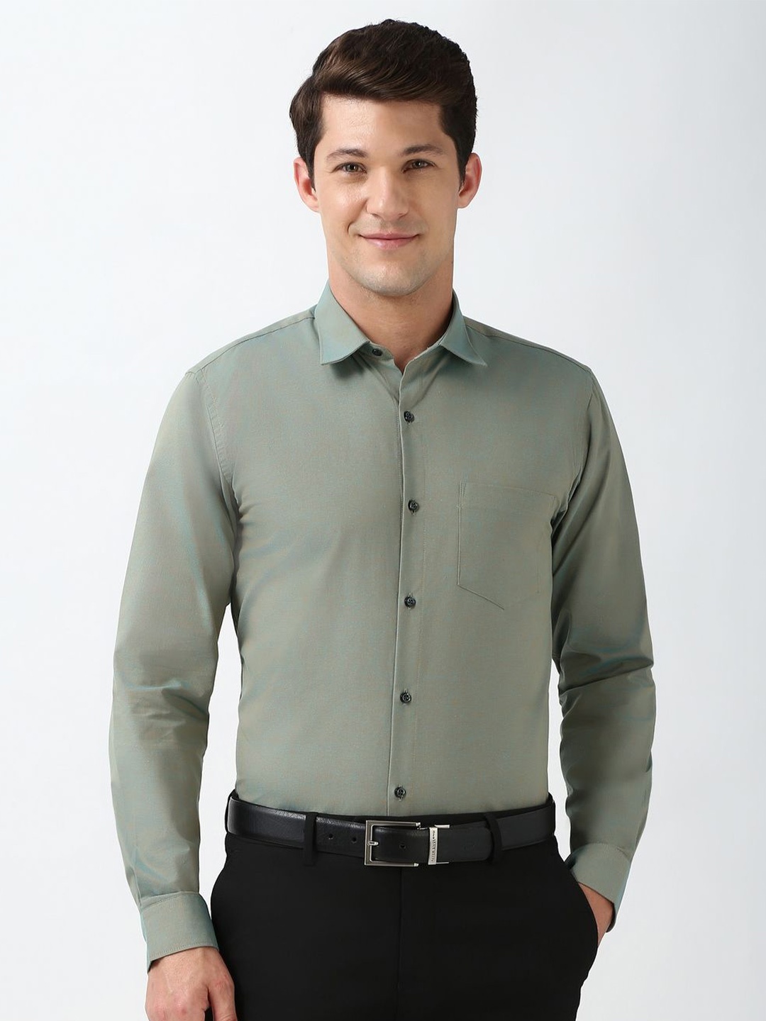

Peter England Men Spread Collar Solid Cotton Slim Fit Formal Shirt, Green