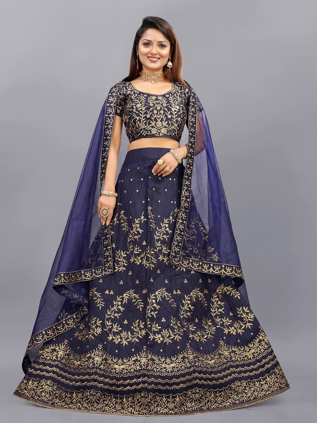 

Aika Embroidered Thread Work Semi-Stitched Lehenga & Unstitched Blouse With Dupatta, Blue