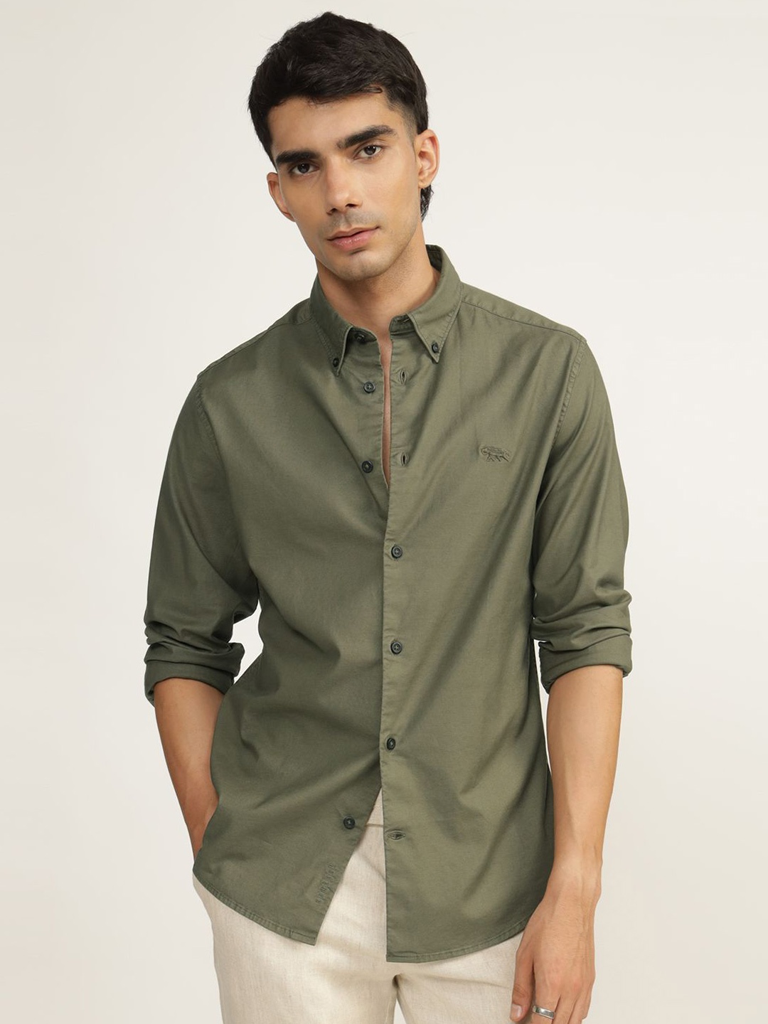 

Andamen Men Premium Button-Down Collar Solid Cotton Casual Shirt, Olive