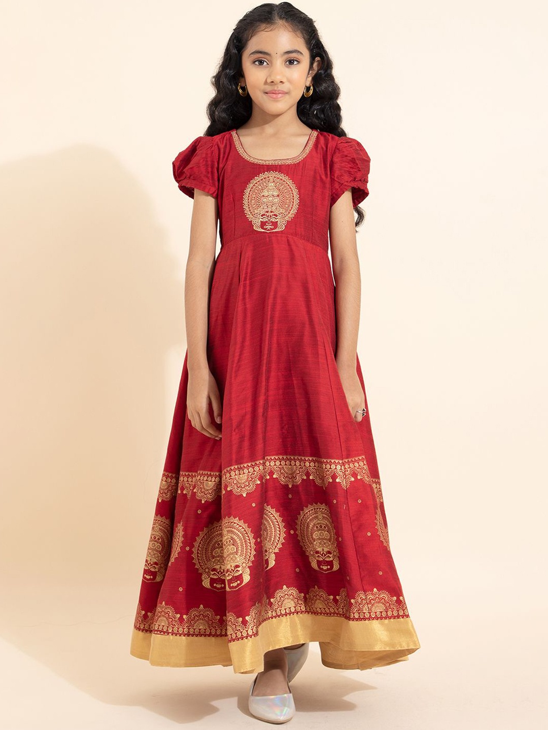 

Maybell Girls Ethnic Motifs Embroidered Puff Sleeves Silk Fit & Flare Maxi Ethnic Dress, Maroon