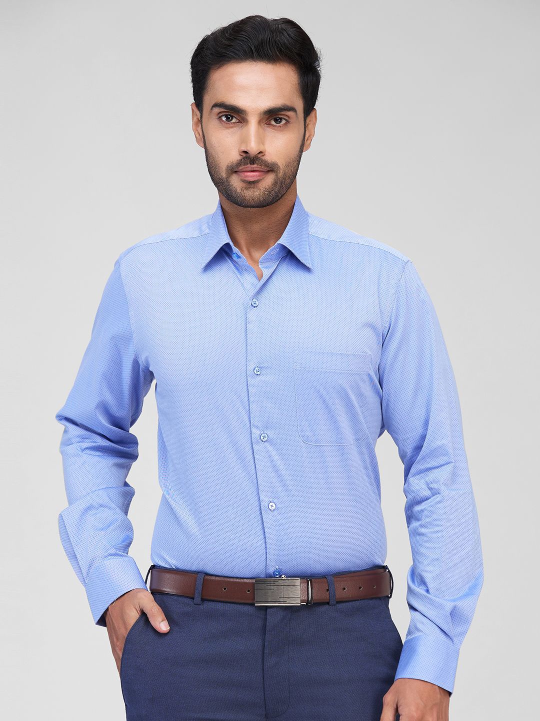 

Raymond Men Contemporary Spread Collar Textured Cotton Formal Shirt, Blue