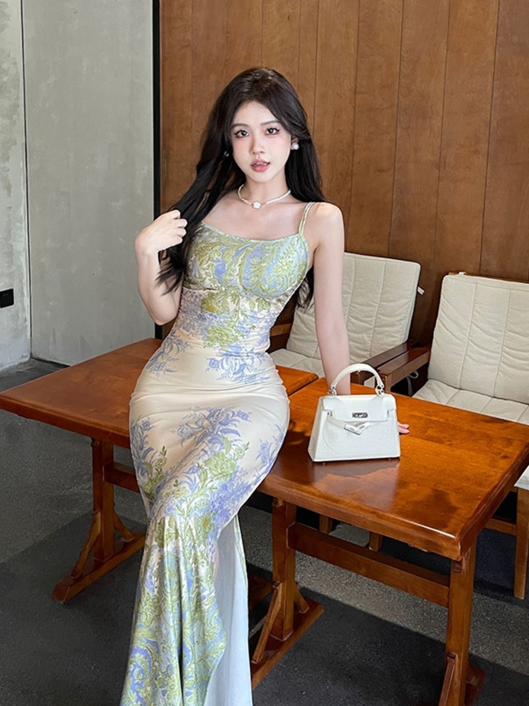

KPOP Floral Printed Maxi Dress, Green