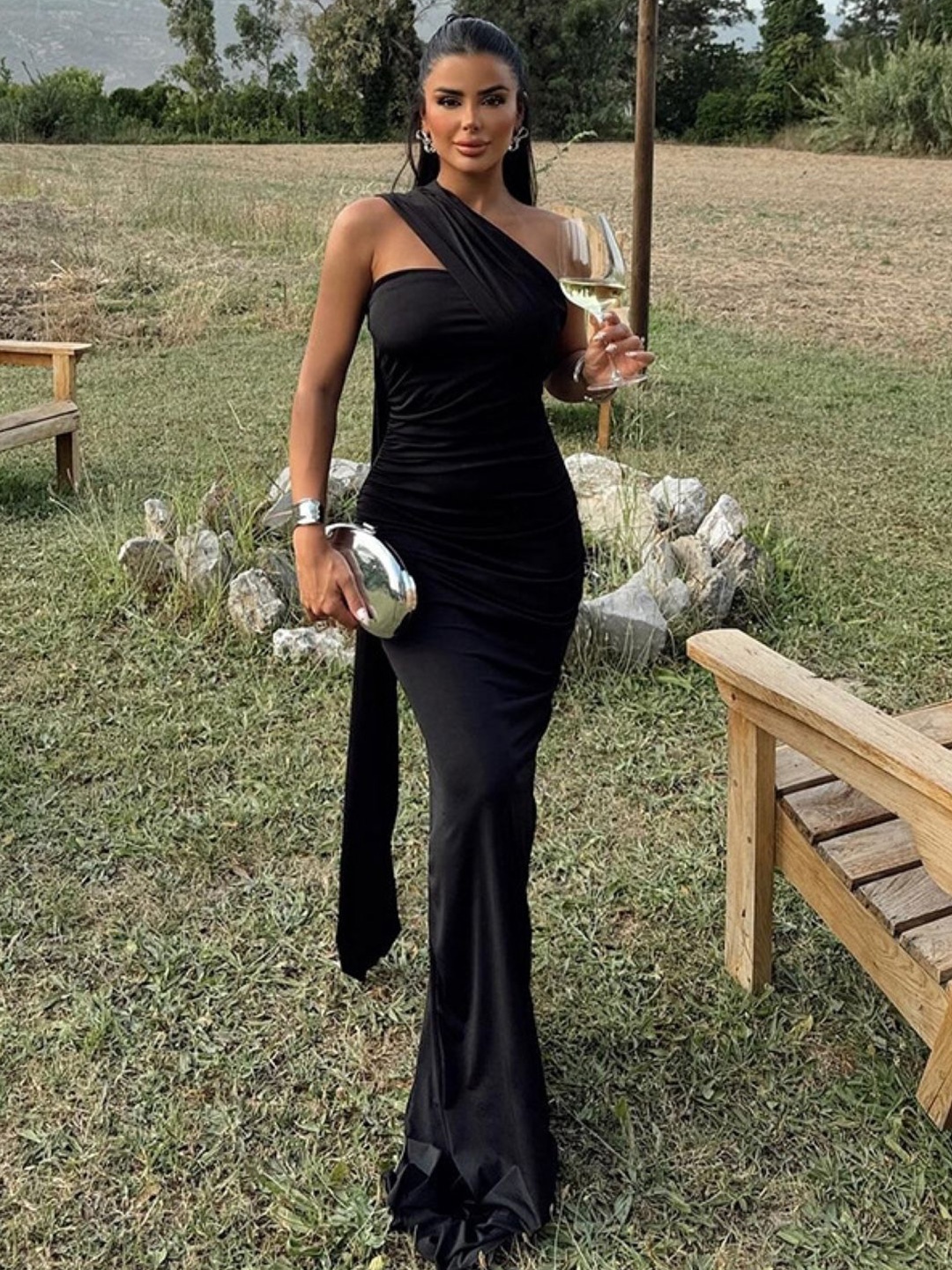 

KPOP women One Shoulder Bodycon Sleeveless Maxi Dress, Black