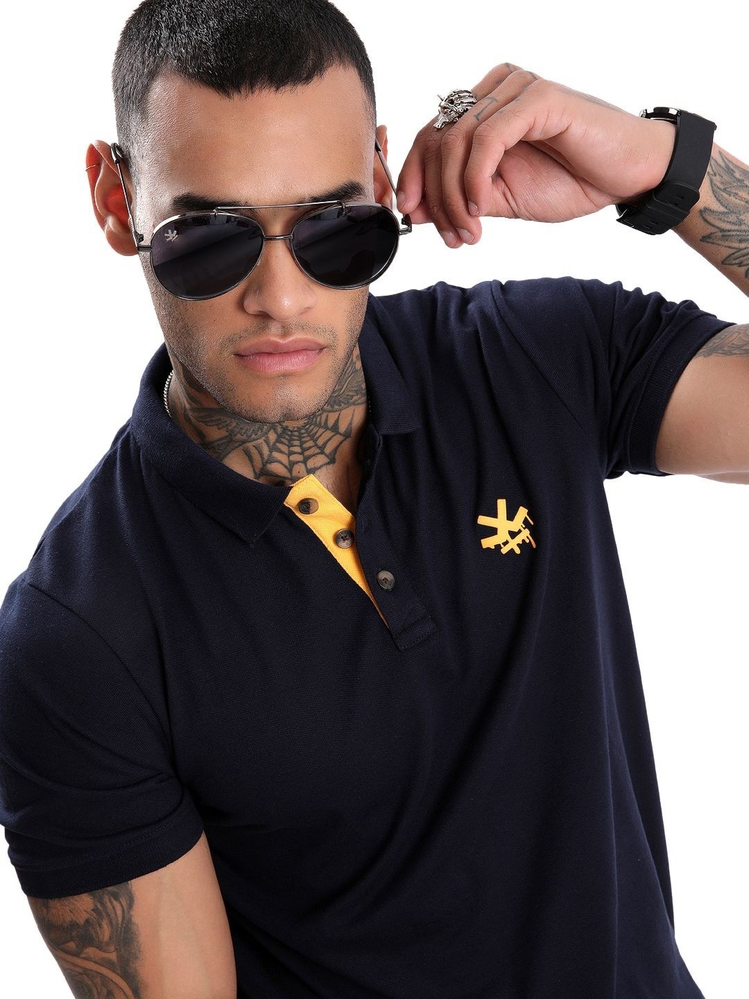 

WROGN Men Graphic Printed Polo Collar Pure Cotton Slim Fit T-shirt, Navy blue