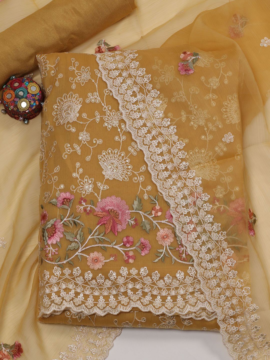 

Meena Bazaar Floral Embroidered Sequinned Detail Unstitched Dress Material, Mustard