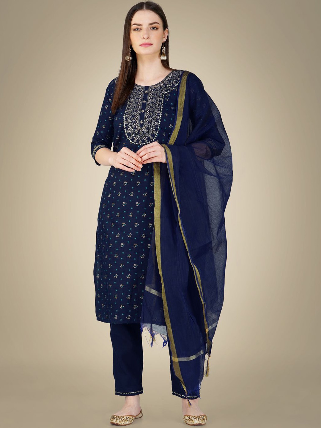 

KAYOMMI Floral Printed Gotta Patti Kurta with Trousers & Dupatta, Navy blue