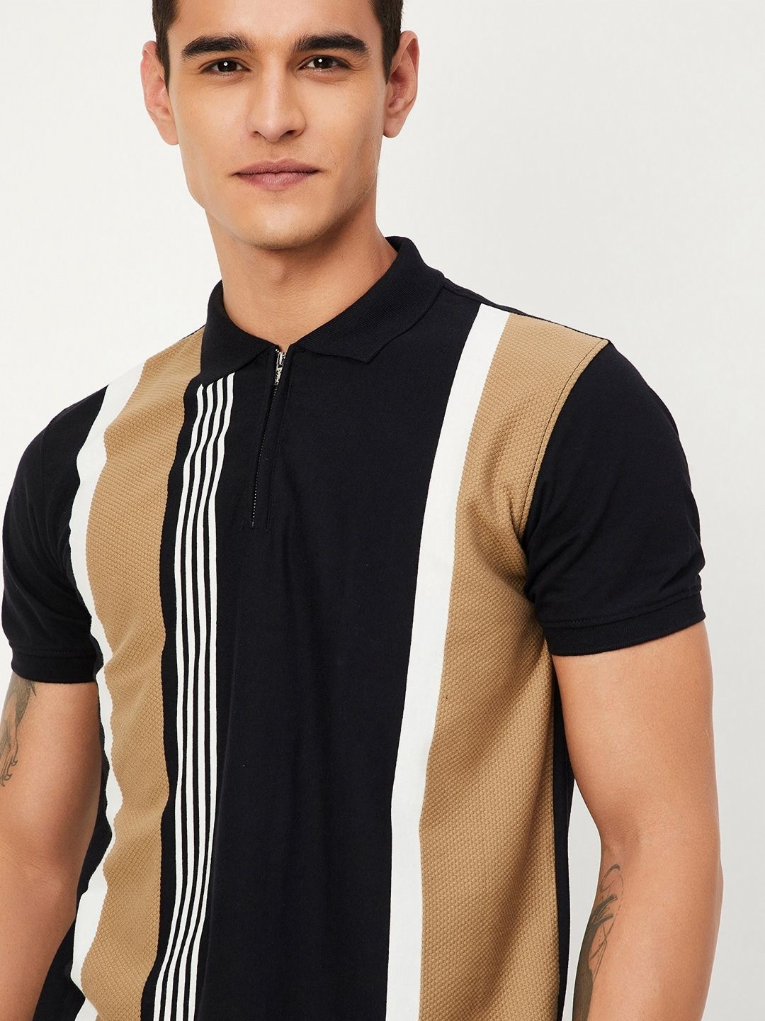 

max Men Striped Polo Collar Cotton T-shirt, Black
