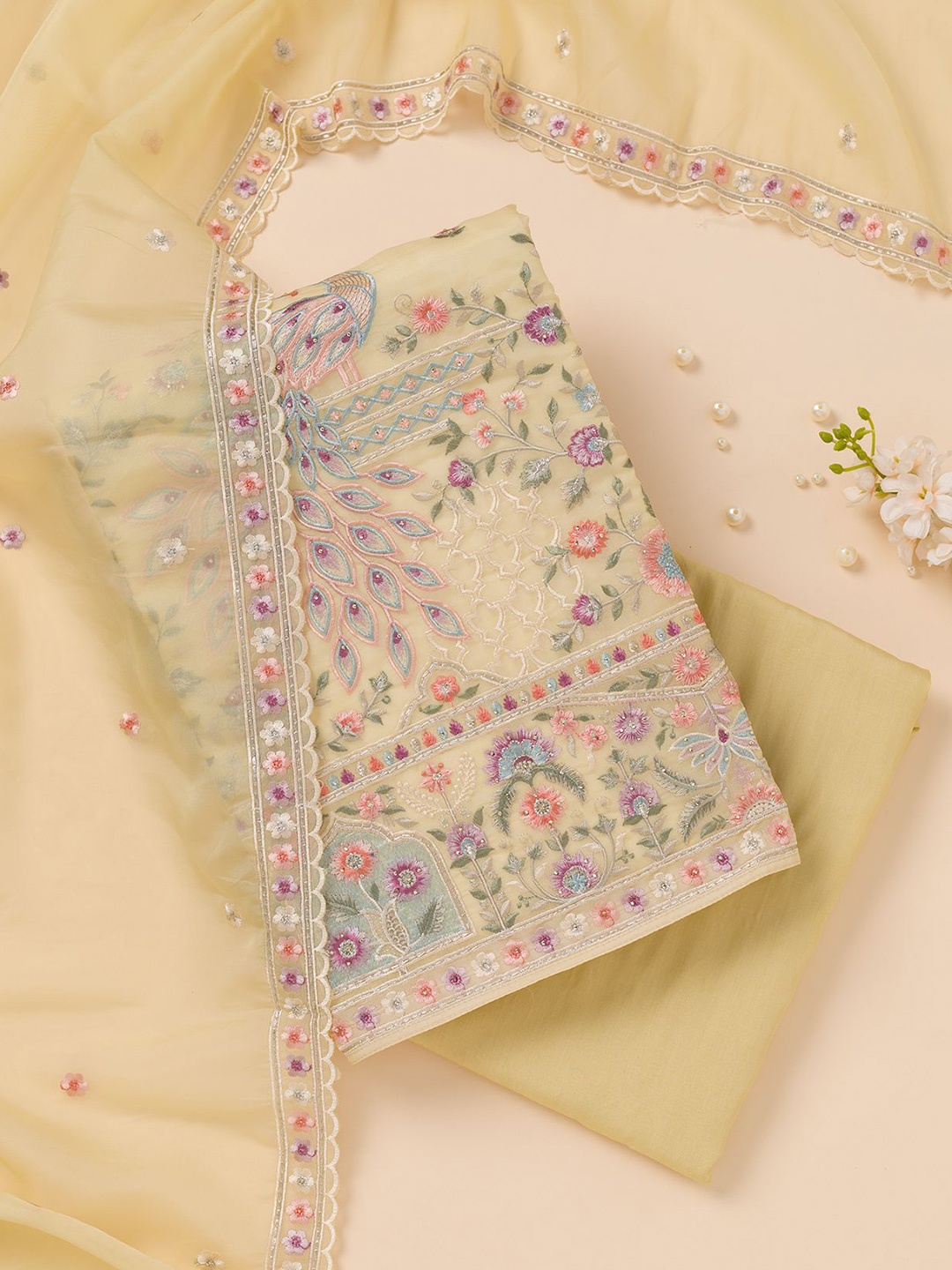 

Koskii Floral Embroidered Zari Organza Unstitched Dress Material, Yellow