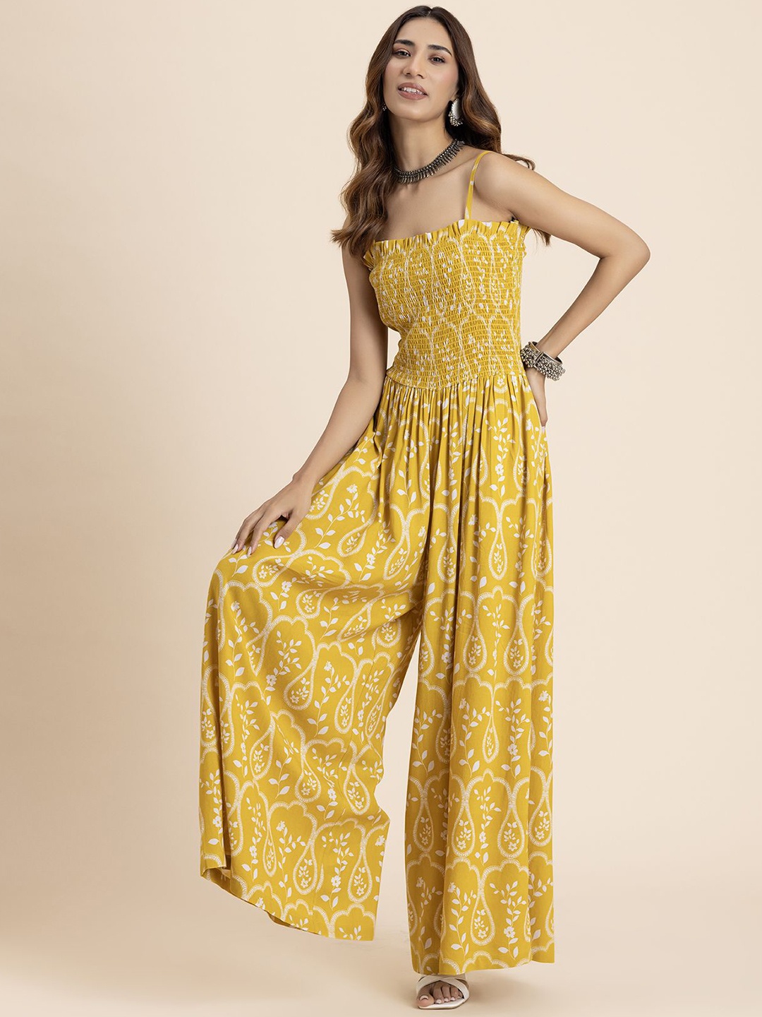 

Moomaya Printed Sleeveless Basic Jumpsuit, Yellow