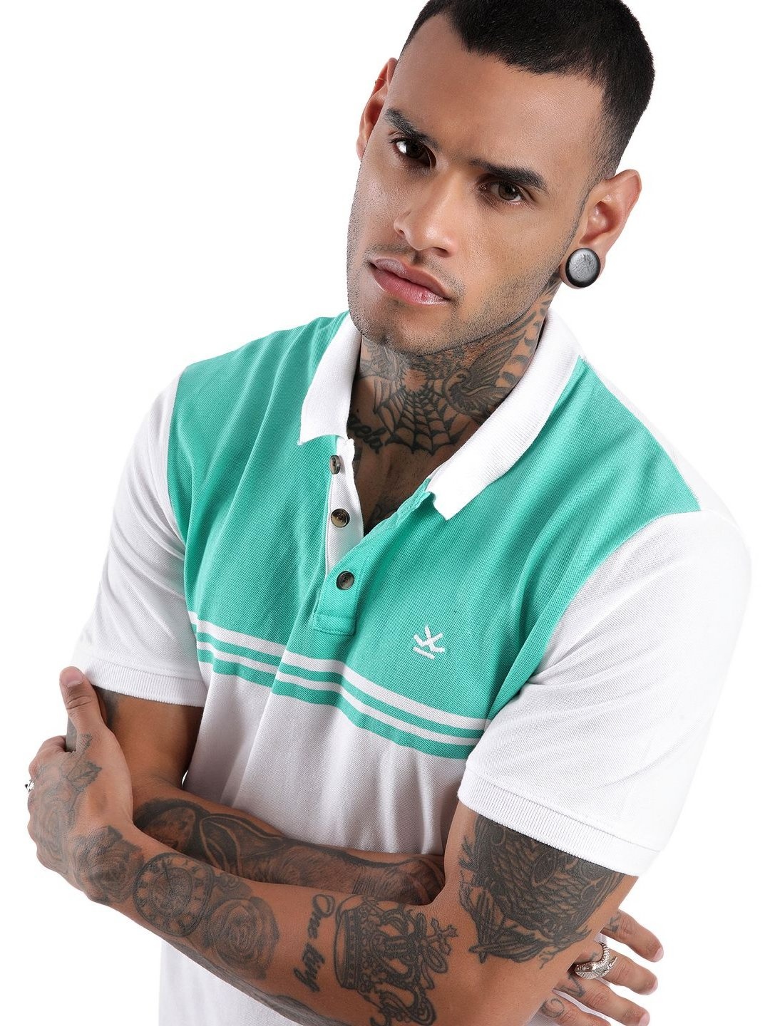 

WROGN Men Striped Polo Collar Pure Cotton Slim Fit T-shirt, White