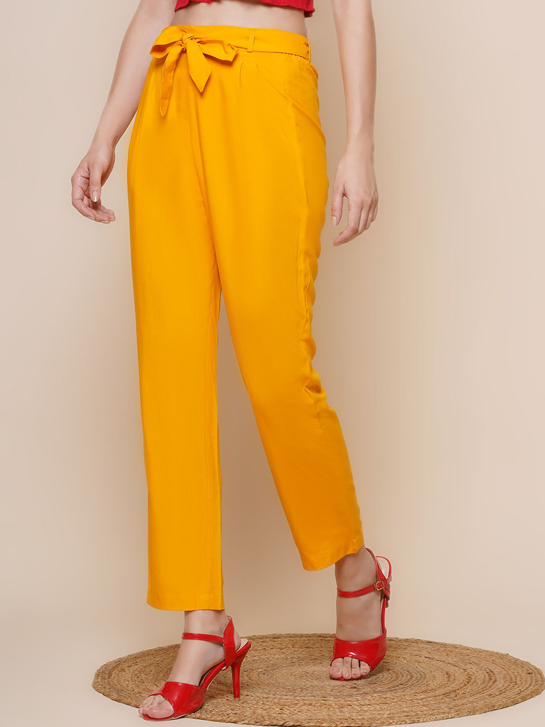 

BAESD Women Solid Relaxed High-Rise Trousers, Orange
