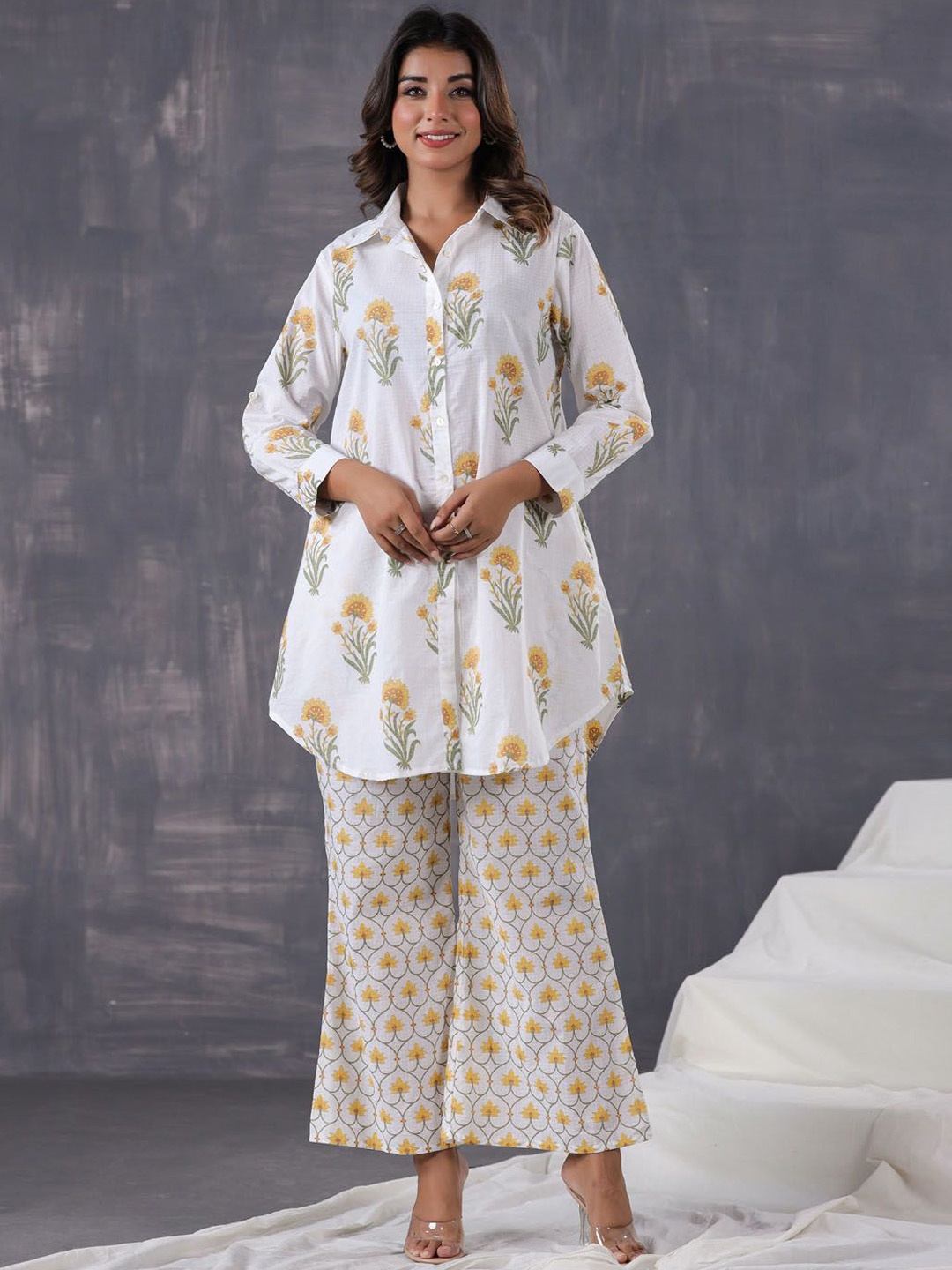 

Meena Bazaar Floral Printed Shirt Collar Tunic with Palazzos, White