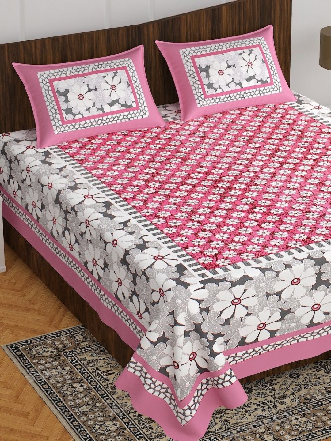 

AYAT COLLECTION Pink Floral Printed Pure Cotton 144 TC Queen Bedsheet & 2 Pillow Covers