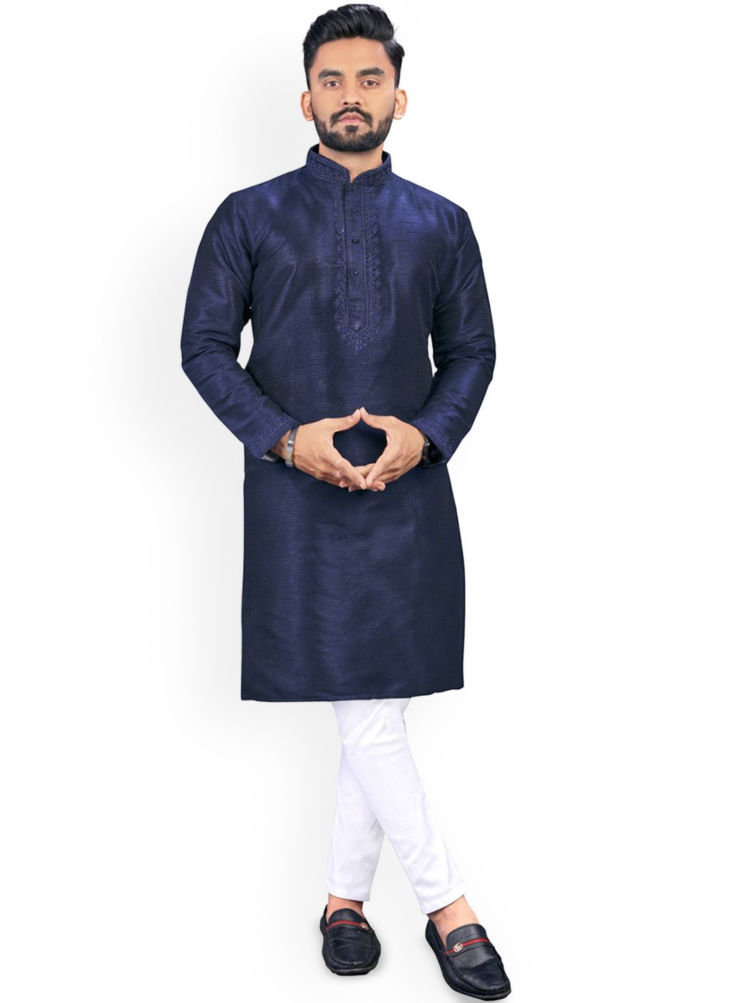 

CHARLOTTE GRACIOUS Thread Work Mandarin Collar Cotton Silk Straight Kurta, Blue