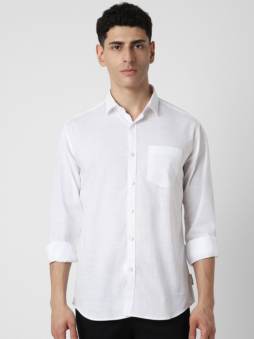 

V Dot Men Spread Collar Solid Cotton Slim Fit Party Shirt, White