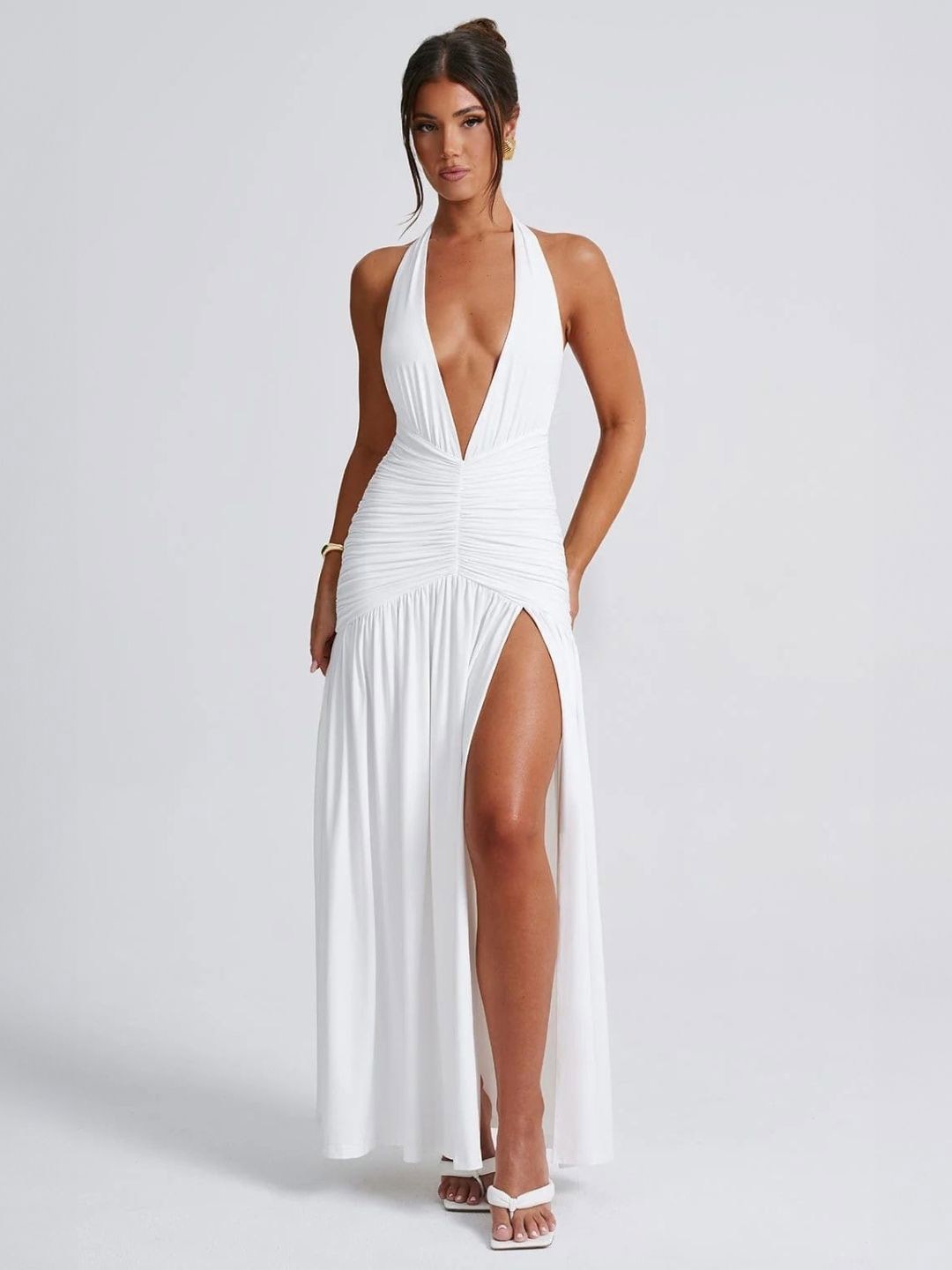 

KPOP Women V-Neck Solid Sleeveless Maxi Dress, White