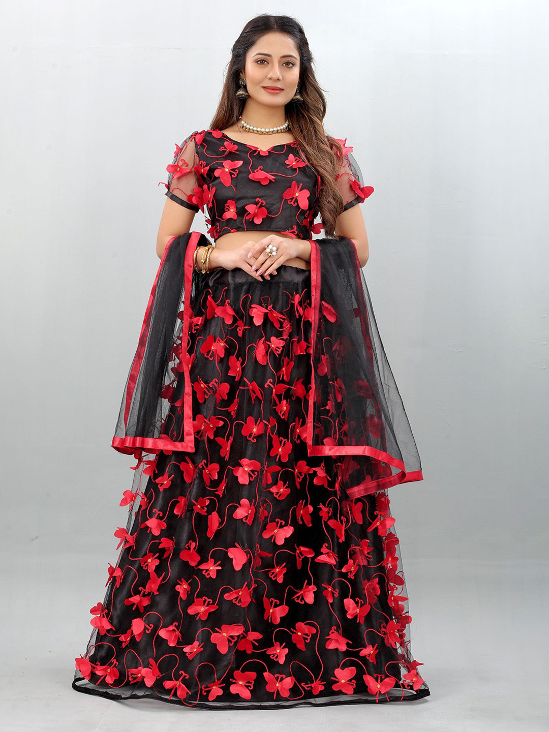

Aika Embroidered Thread Work Semi-Stitched Lehenga & Unstitched Blouse With Dupatta, Black