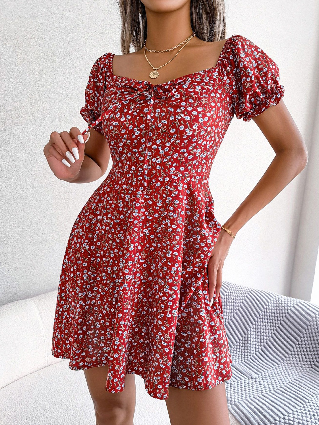 

HERE&NOW Floral Printed Puff Sleeve Fit & Flare Dress, Red