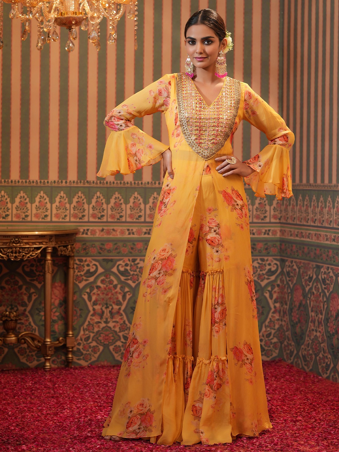 

SCAKHI Printed Bell Sleeves Tunic With Palazzos, Yellow