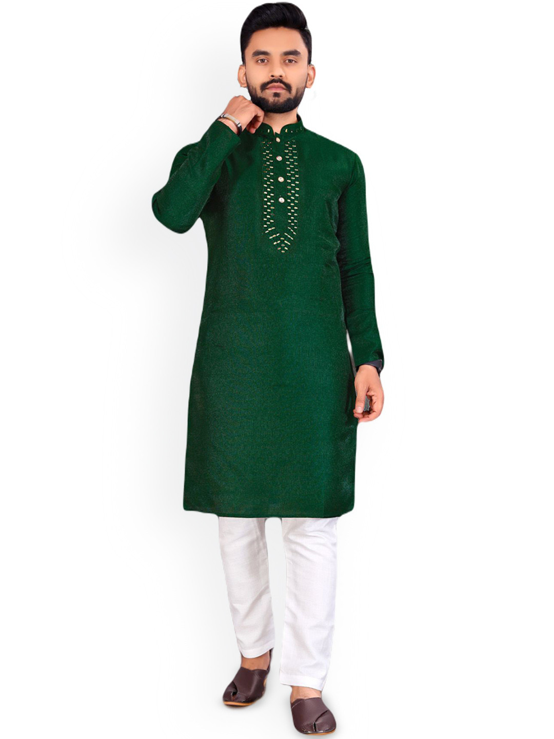 

CHARLOTTE GRACIOUS Mandarin Collar Cotton Silk Straight Kurta, Green