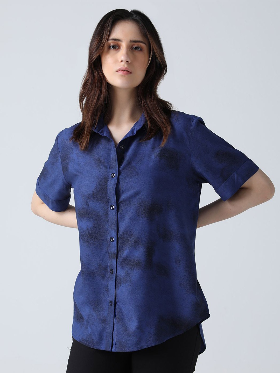 

IDK Women Abstract Printed Shirt Collar Top, Blue