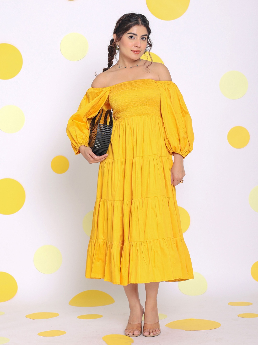 

KAORI BY SHREYA AGARWAL Women Solid Off-Shoulder A-Line Midi Dress, Yellow