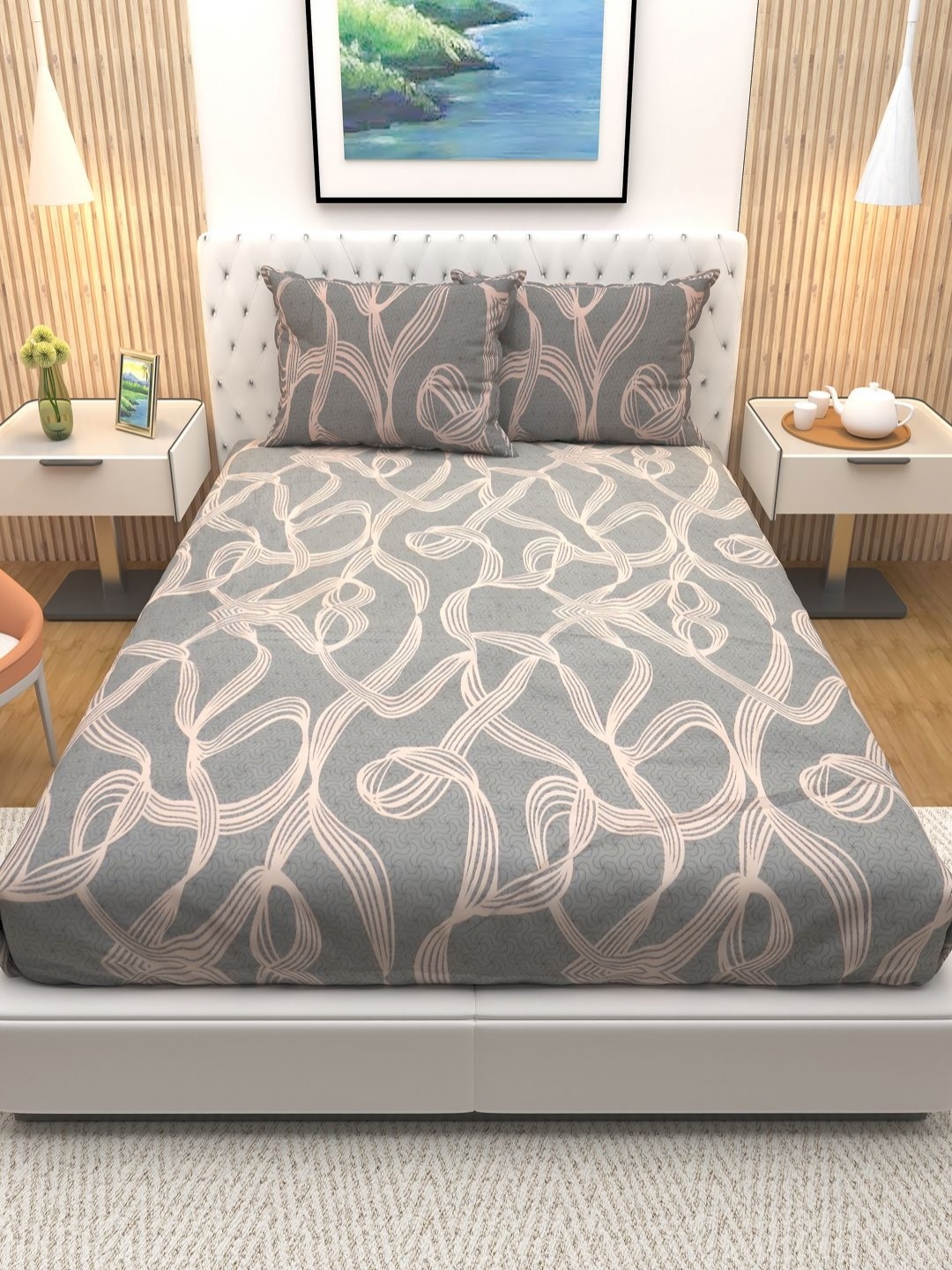 

Aura Grey & Pink Abstract Printed Cotton 180 TC Queen Bedsheet with 2 Pillow Covers