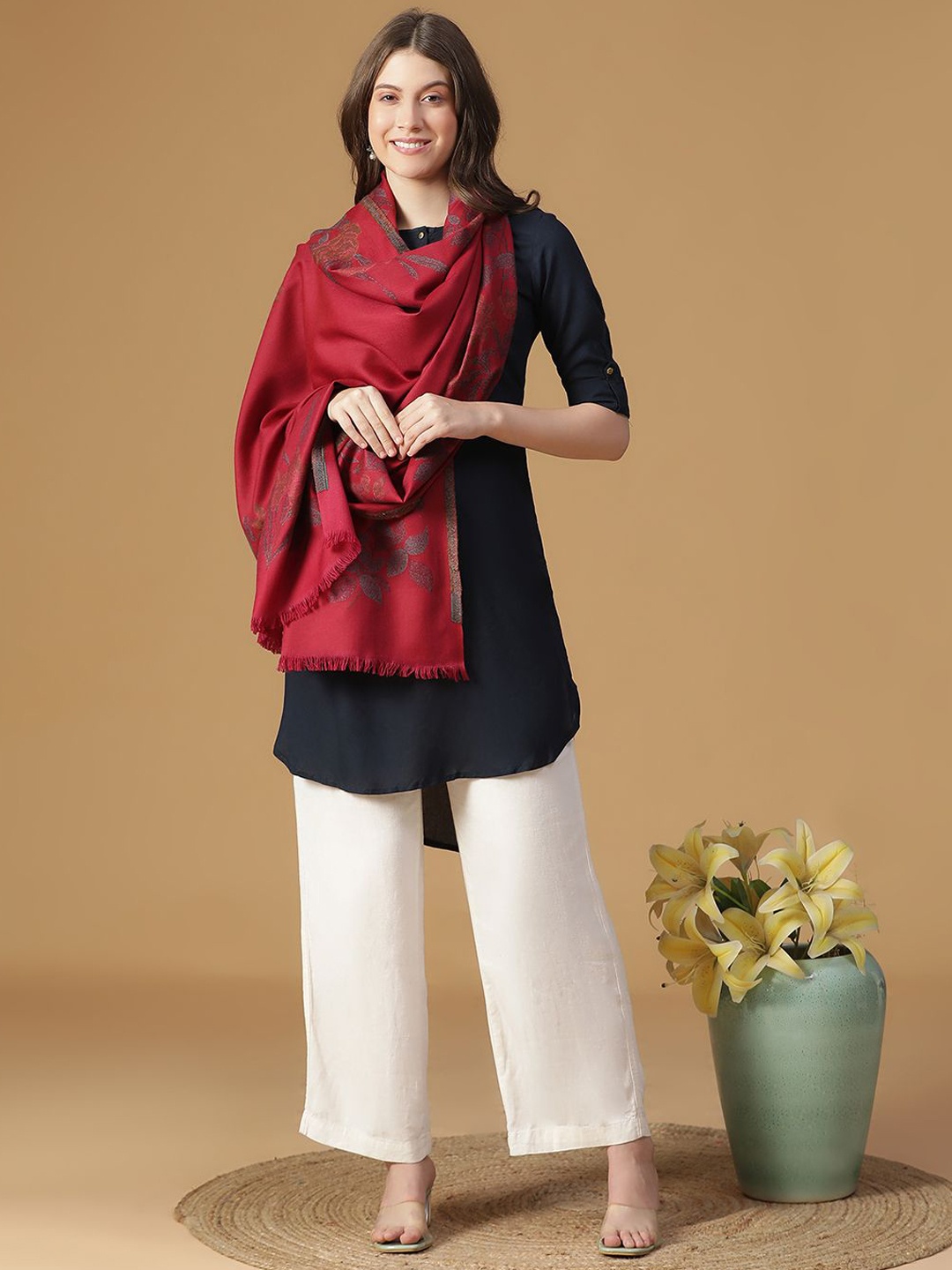 

SHINGORA Aurora Floral Woven Design Woollen Fringed Shawl, Fuchsia