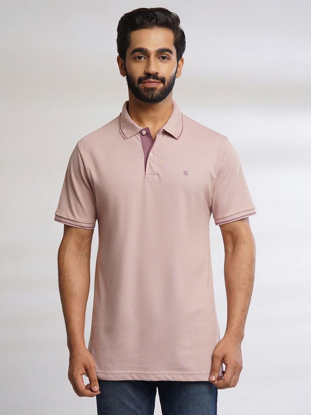 

ONE SKY Men Solid Polo Collar Cotton T-shirt, Pink