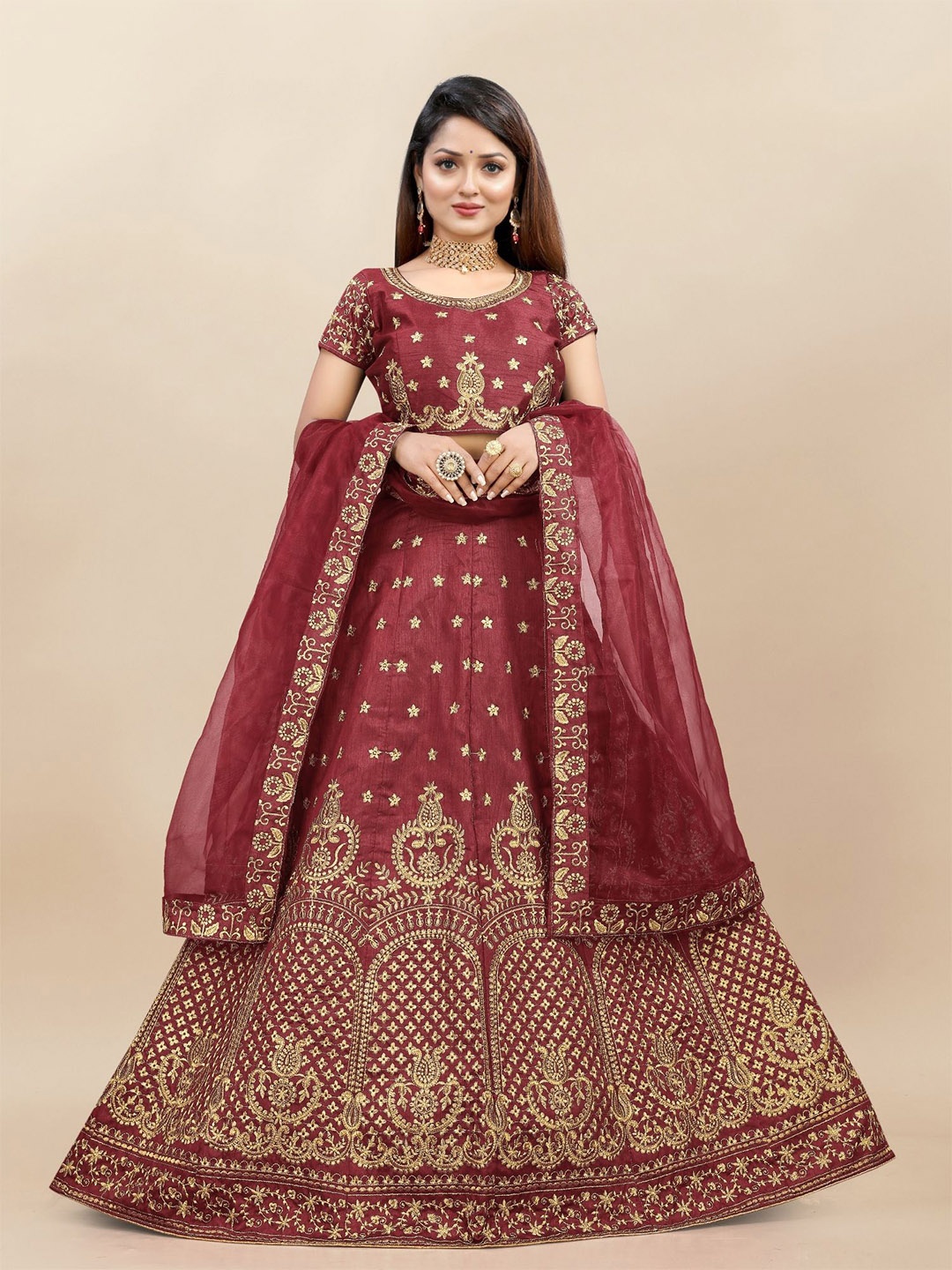 

LADY SHOPI Embroidered Thread Work Semi-Stitched Lehenga & Unstitched Blouse With Dupatta, Maroon